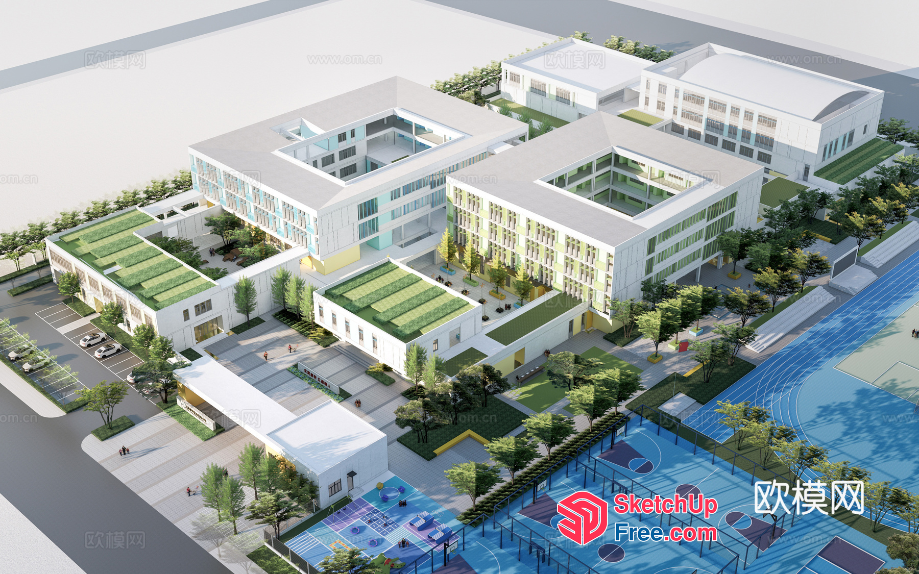 Modern School Building With Sports Facilities And Green Spaces 3D SketchUp File