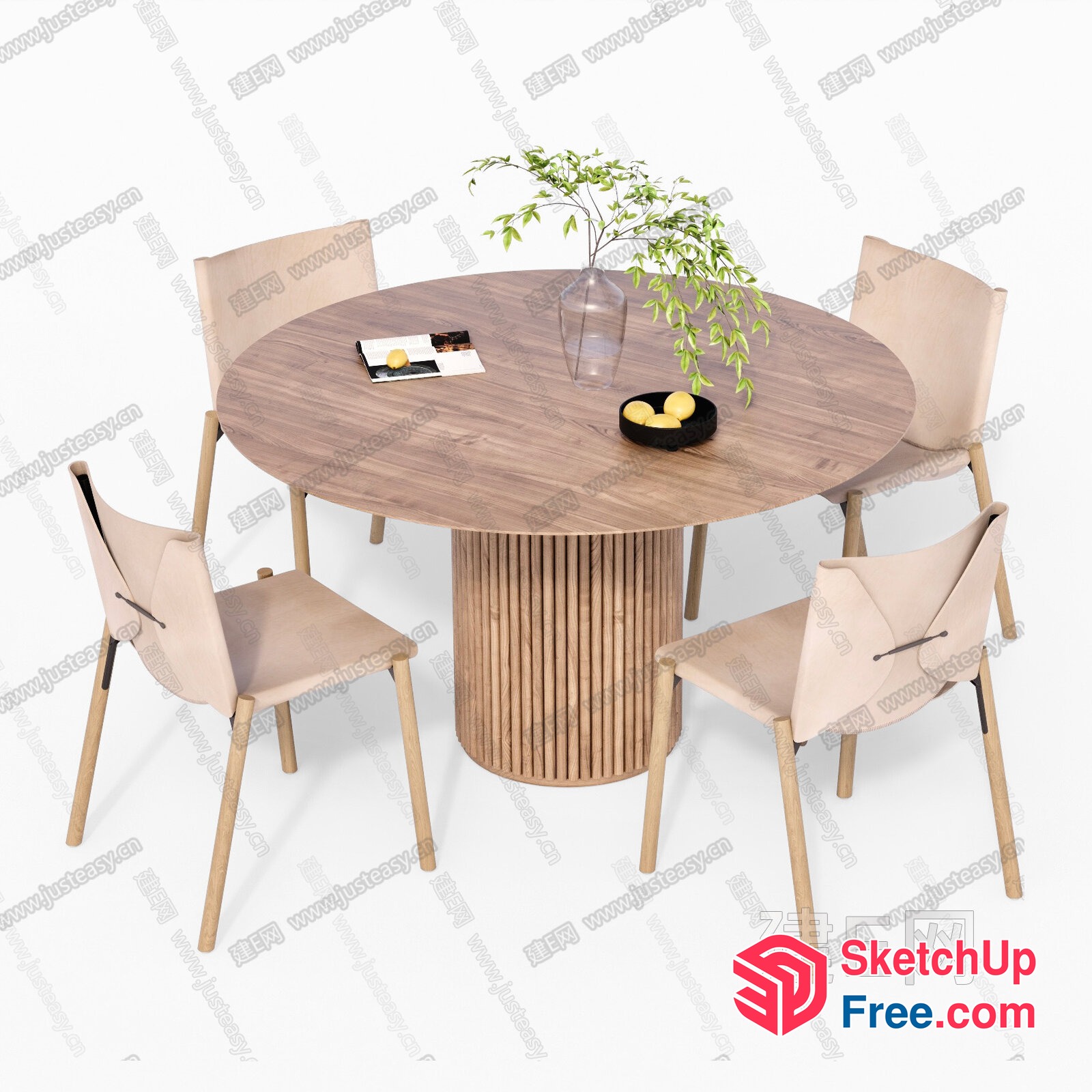 Modern Round Wooden Dining Table With Creamy Chairs 3D SketchUp File