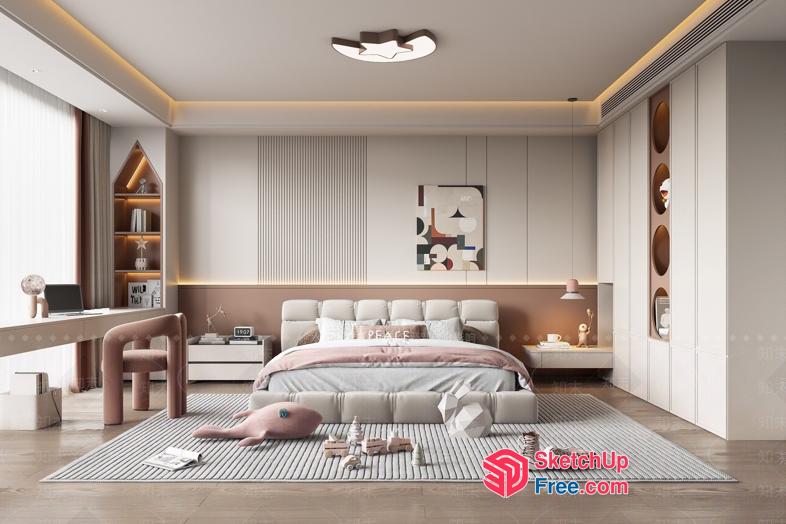 Modern Minimalist Bedroom With Creamy And Brown Decor 3D SketchUp File