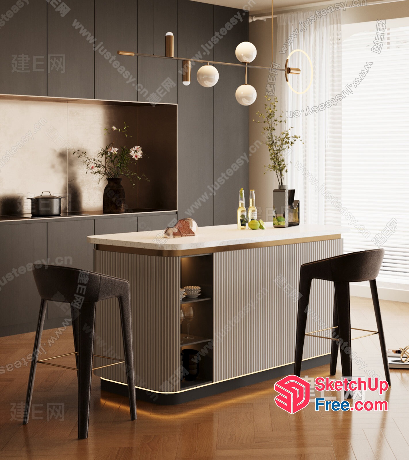 Modern Kitchen Island With Marble Countertop And Bar Stools 3D SketchUp File