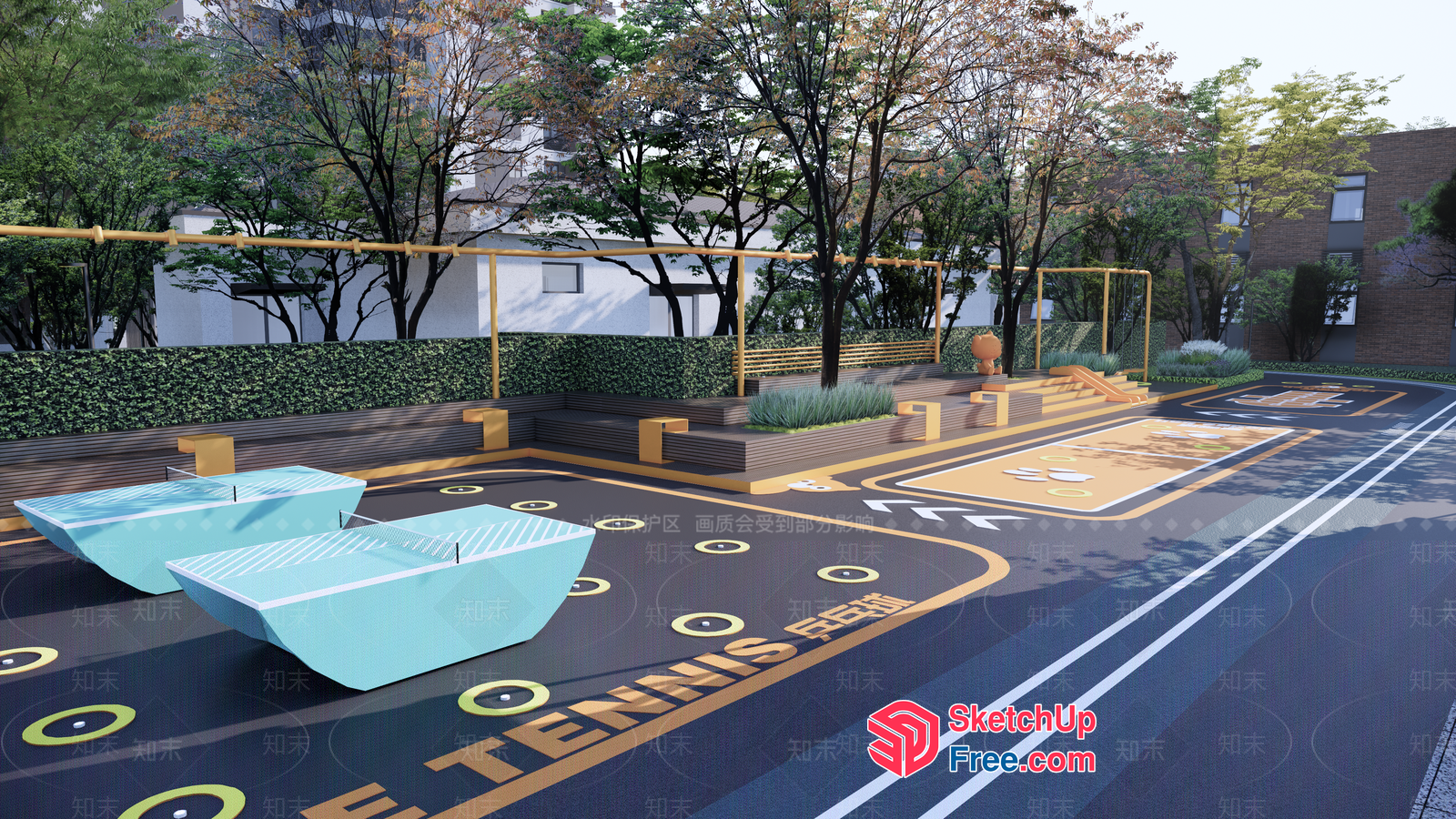 Modern Outdoor Tennis Court With Unique Furniture 3D SketchUp File