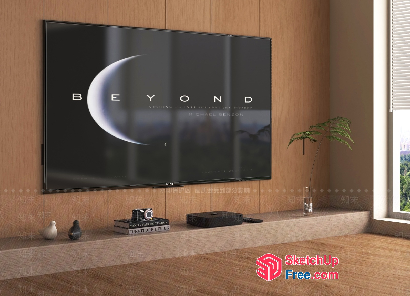 Modern Living Room With Large Tv And Wooden Wall 3D SketchUp File