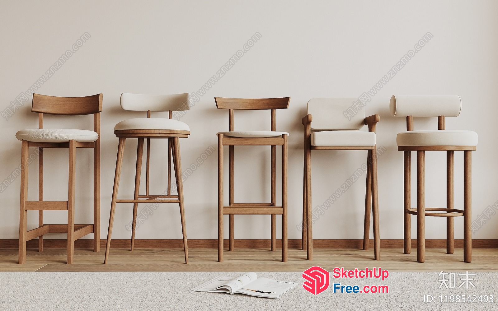 Modern Wooden Bar Stools With Cream Upholstery 3D SketchUp File