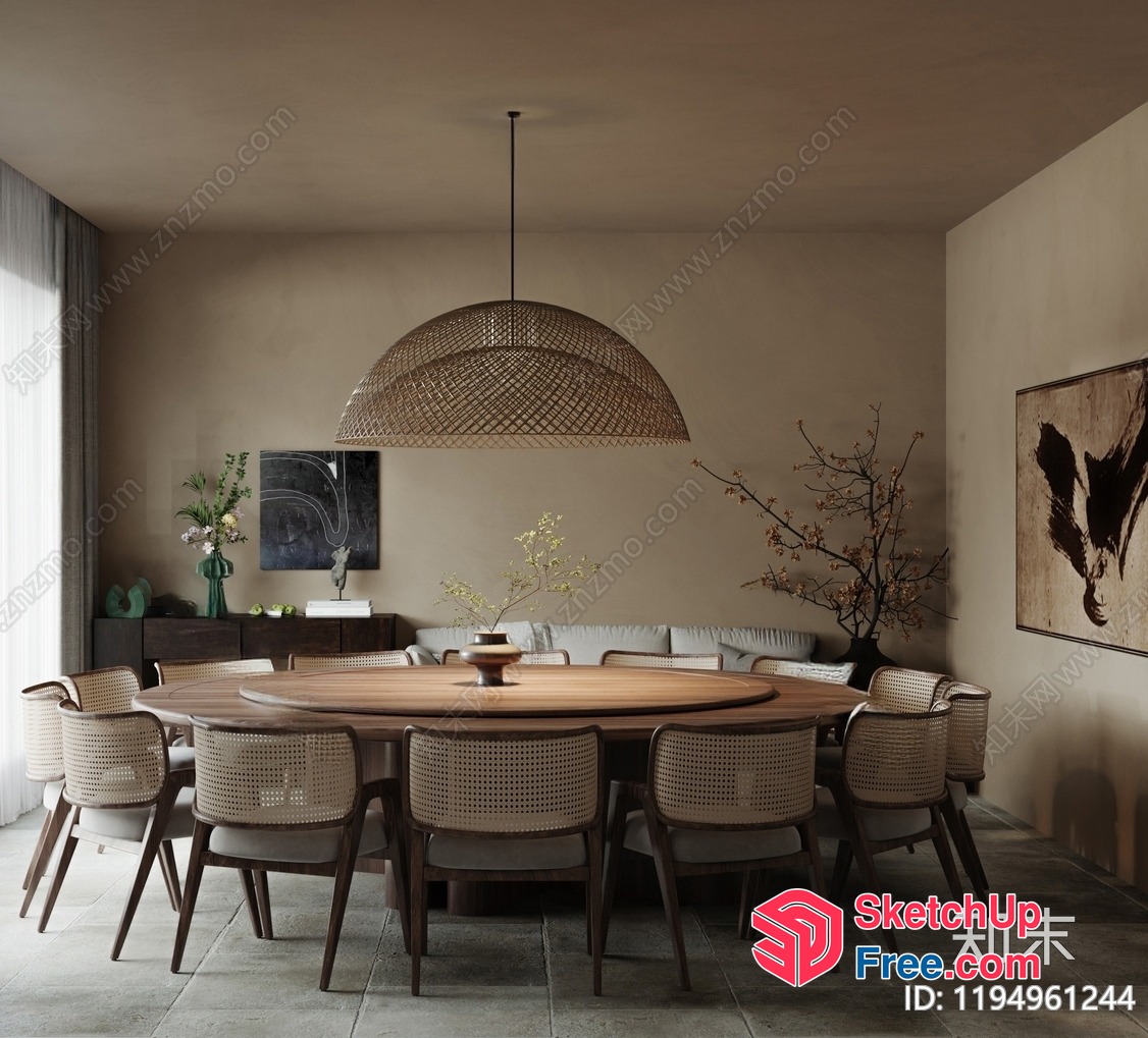 Minimalist Style Dining Room With Large Wooden Table And Chairs 3D SketchUp File