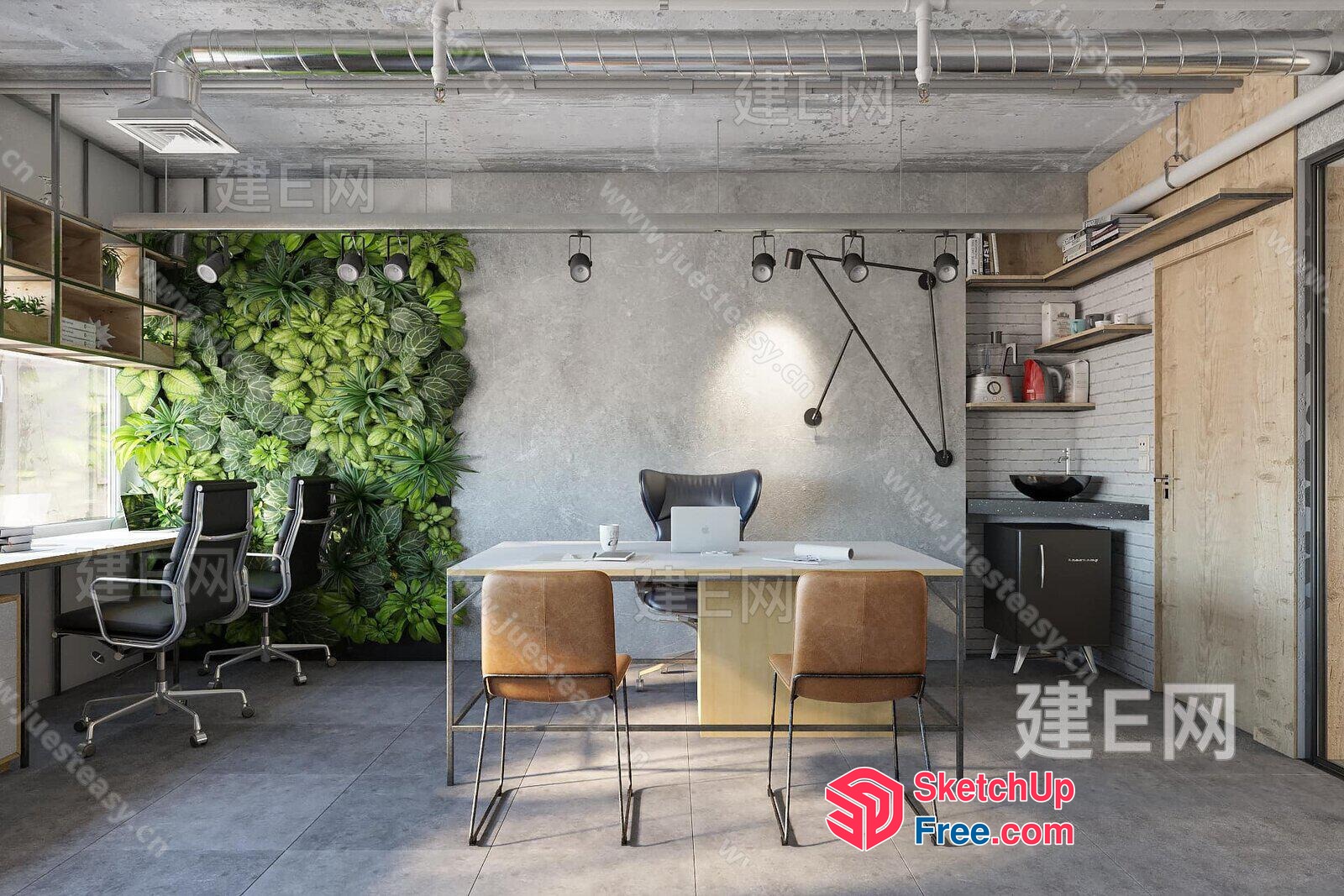 Modern Industrial Office Space With Natural Accent 3D SketchUp File