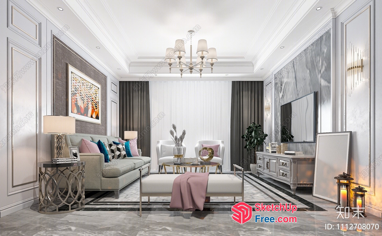 Elegant Living Room With Marble Flooring And White Walls 3D SketchUp File