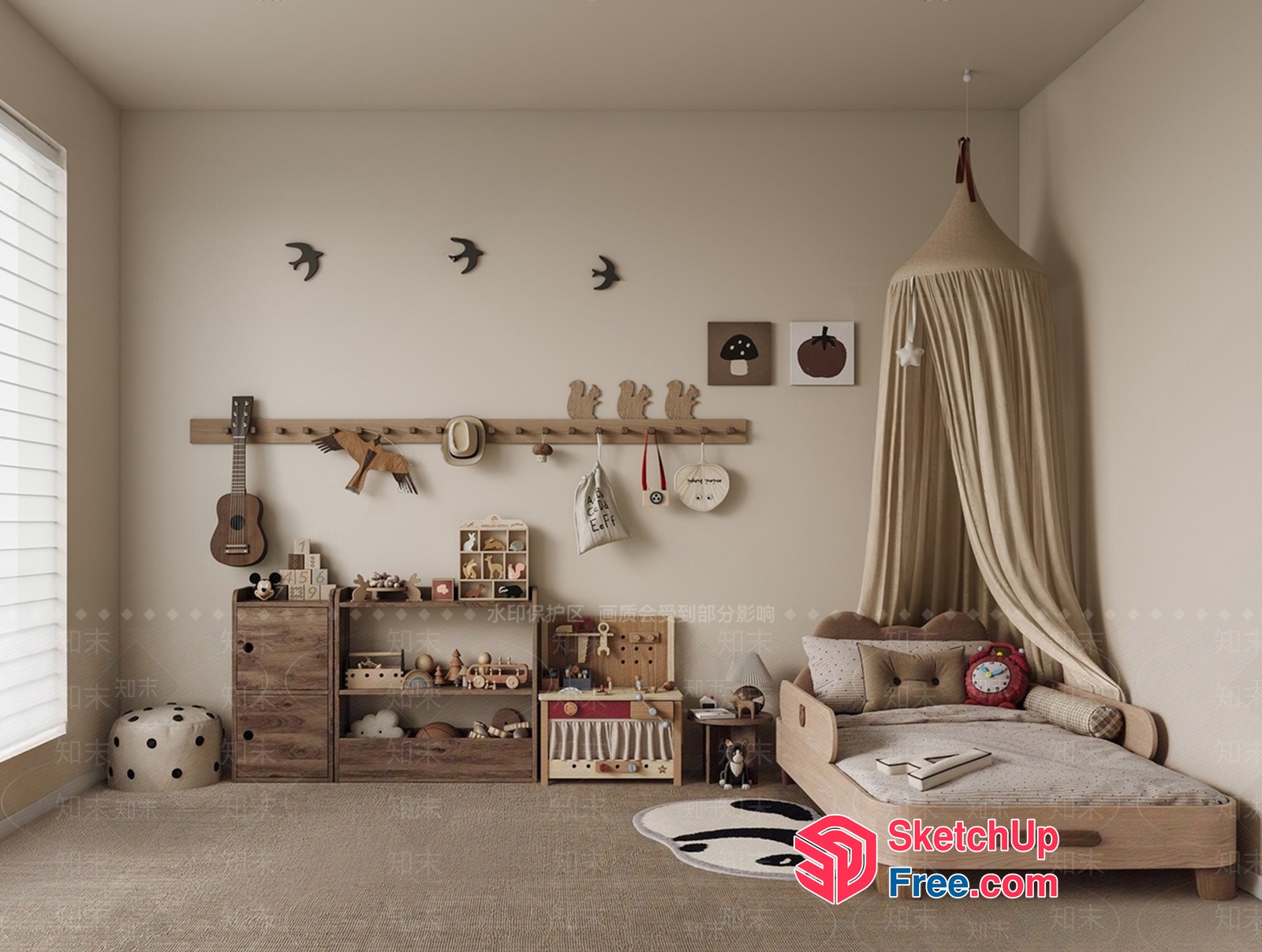 Child-Friendly Bedroom With Animal-Themed Decor And Cozy Bed 3D SketchUp File