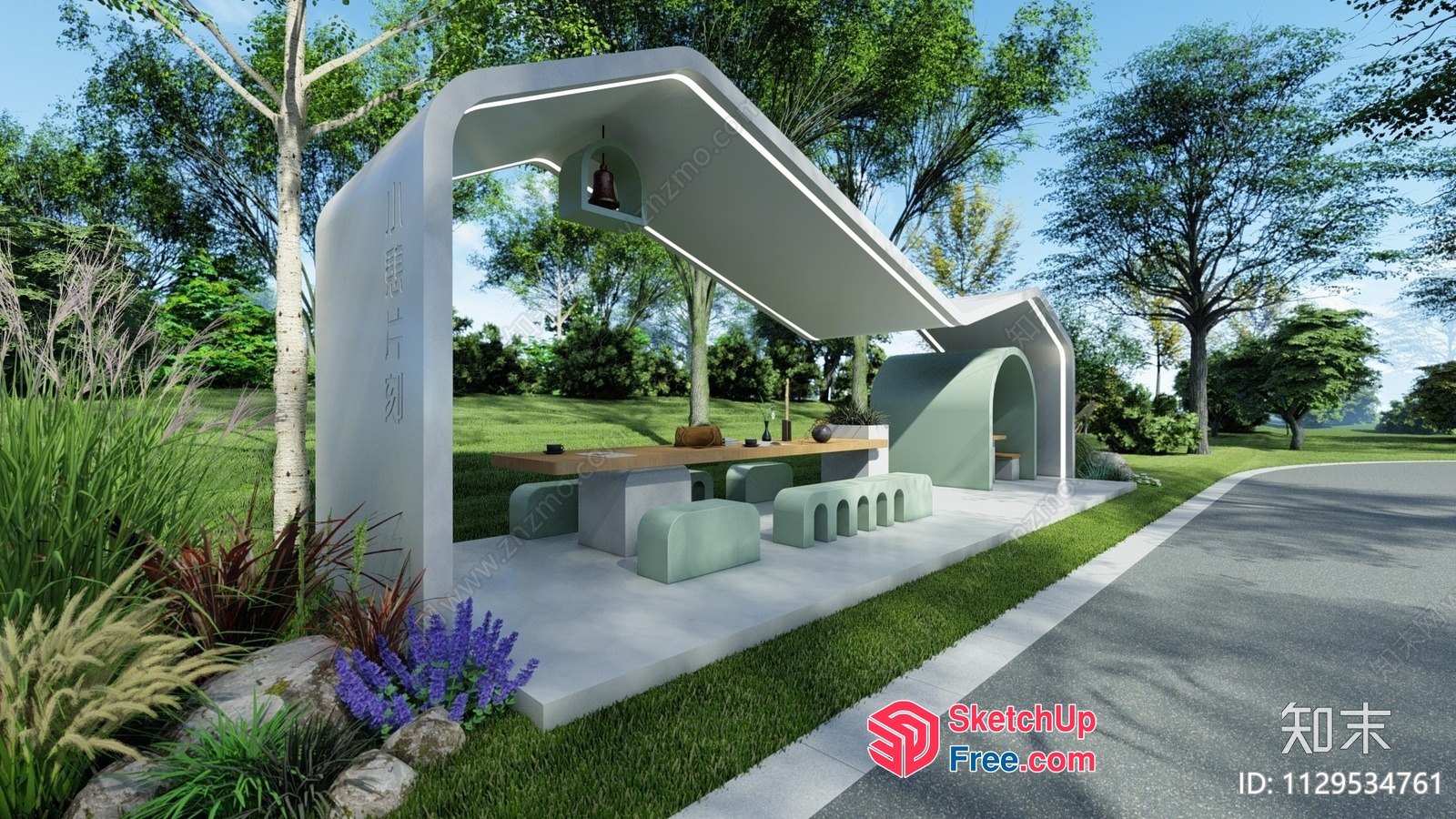 Modern Outdoor Pavilion With Elegant Roof And Seating 3D SketchUp File