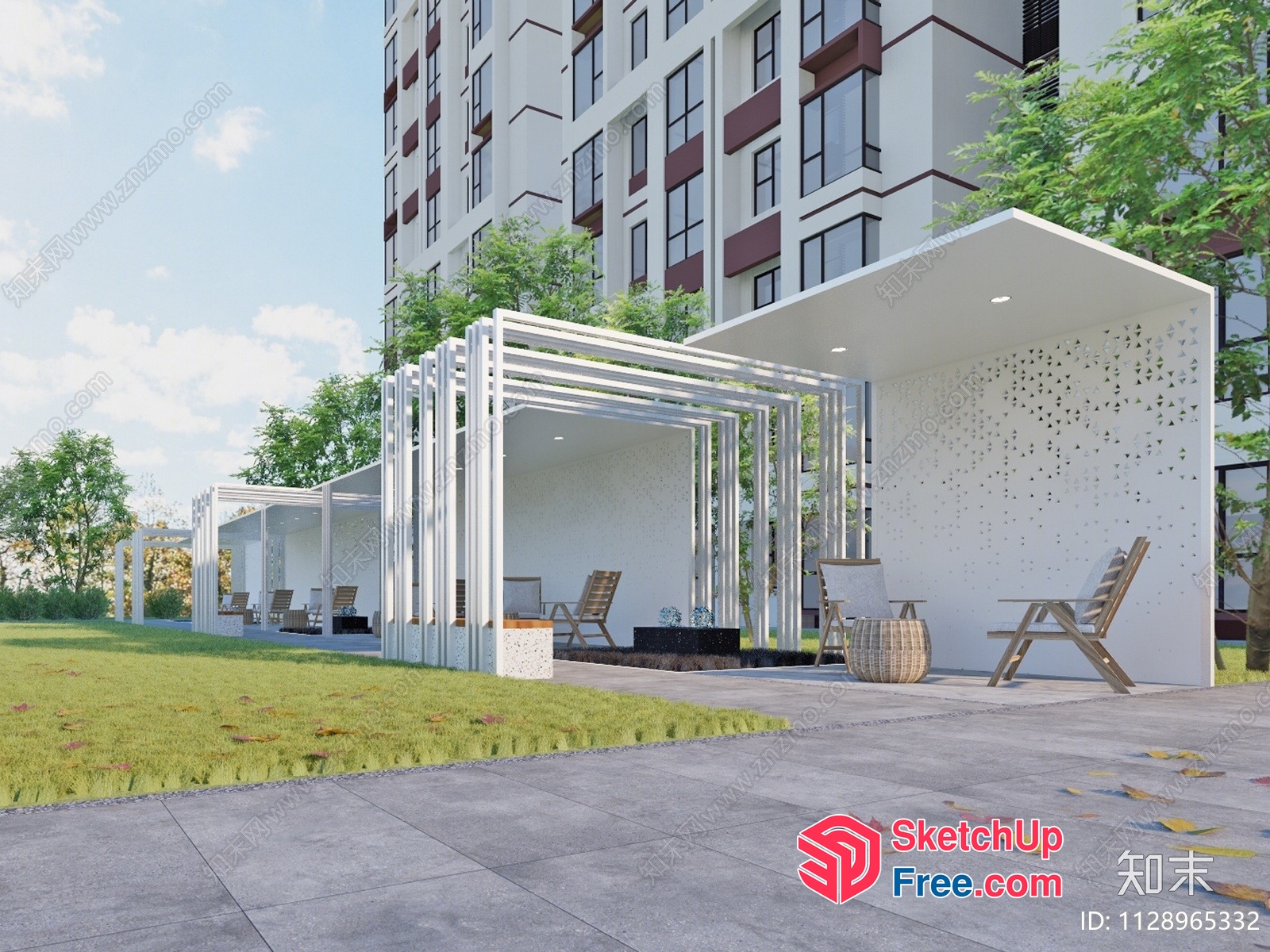 Modern Apartment Building With Elegant Outdoor Seating Area 3D SketchUp File