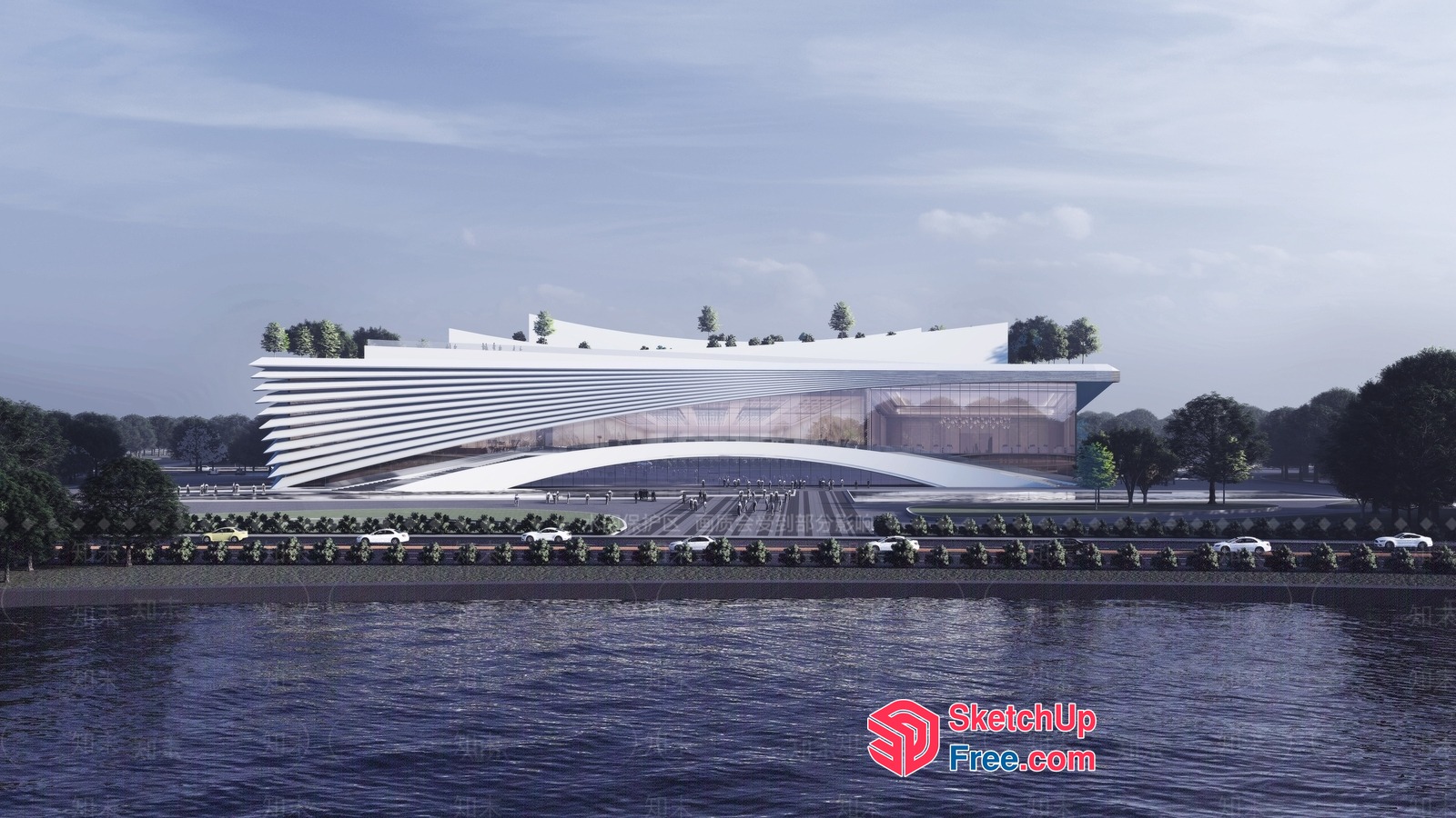 Futuristic Modern Architecture Building With Glass Facade 3D SketchUp File
