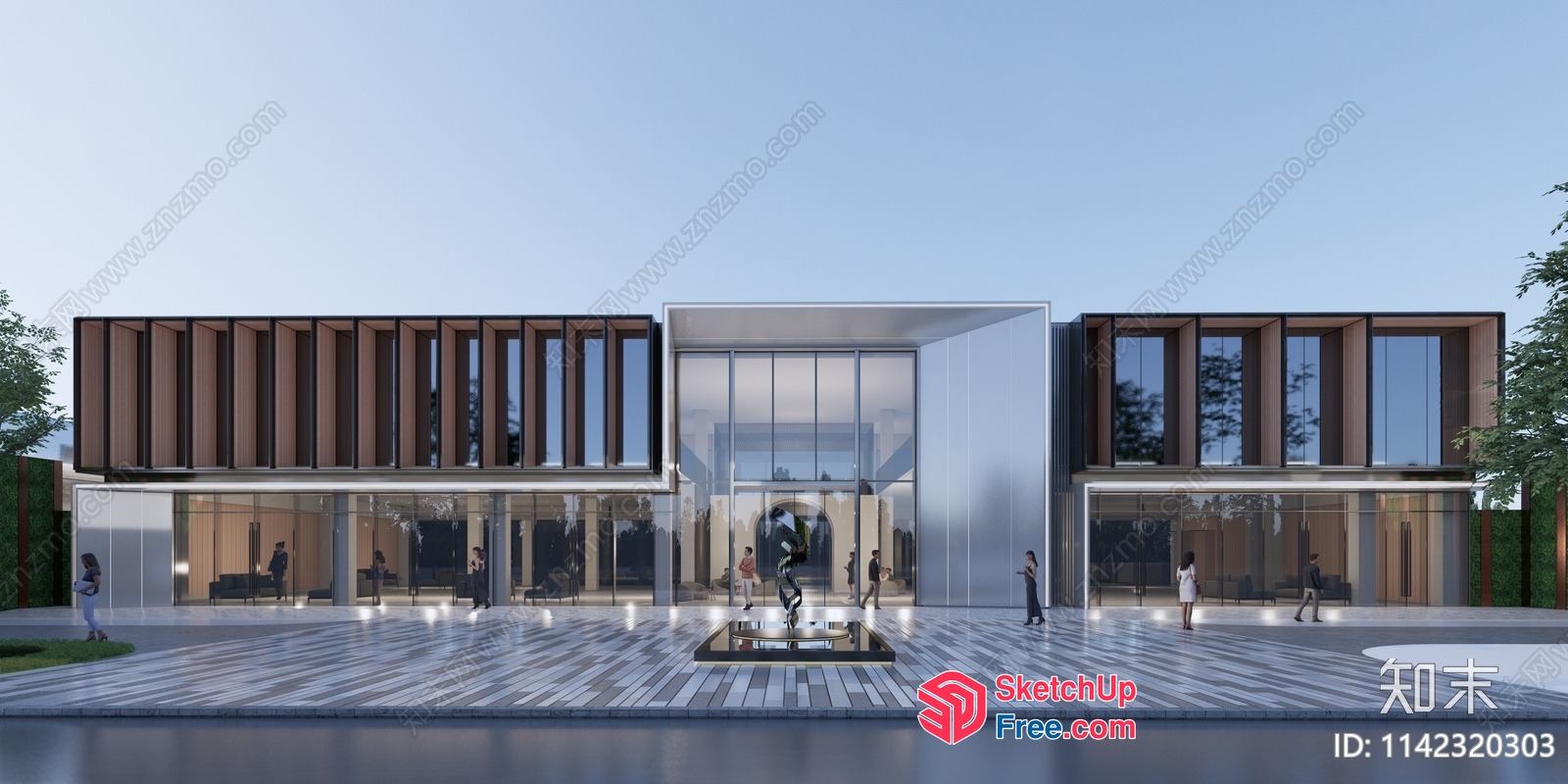 Modern Building With Glass Curtain Wall And Sculpture 3D SketchUp File