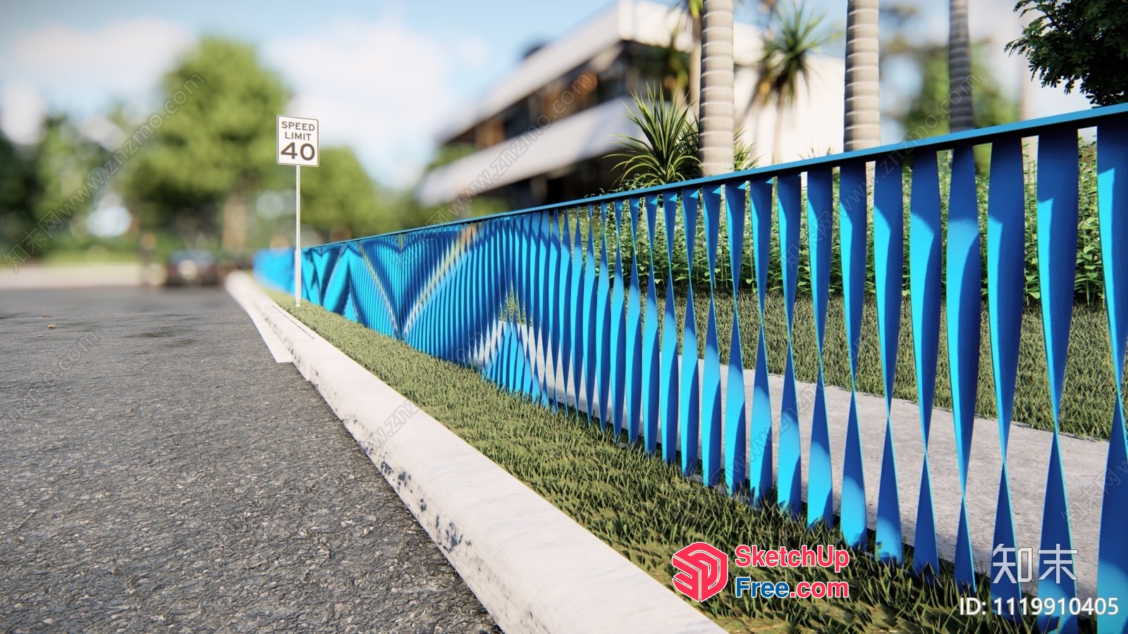 Blue Railing With Speed Limit Sign And Grass 3D SketchUp File