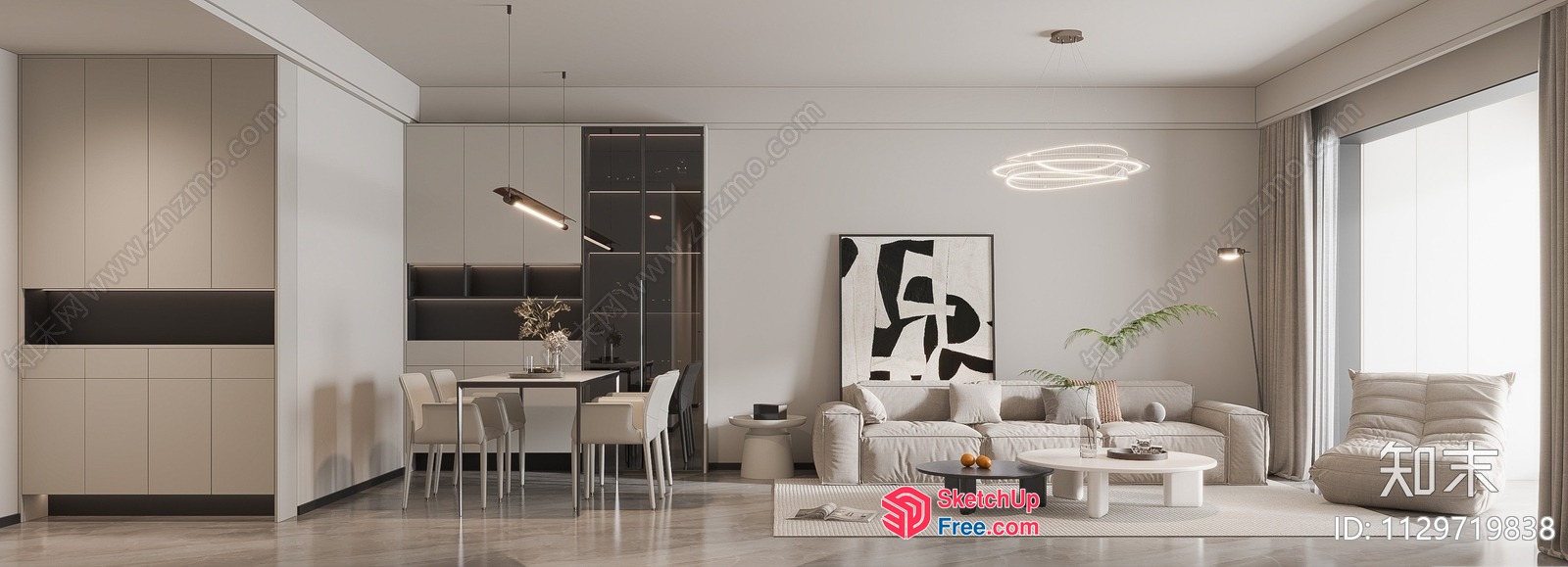 Modern Minimalist Creamy Style Living Room With Sleek Furniture 3D SketchUp File