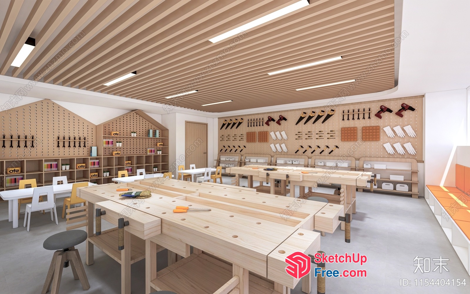 Modern Workshop Space With Woodworking Tools And Workbenches 3D SketchUp File