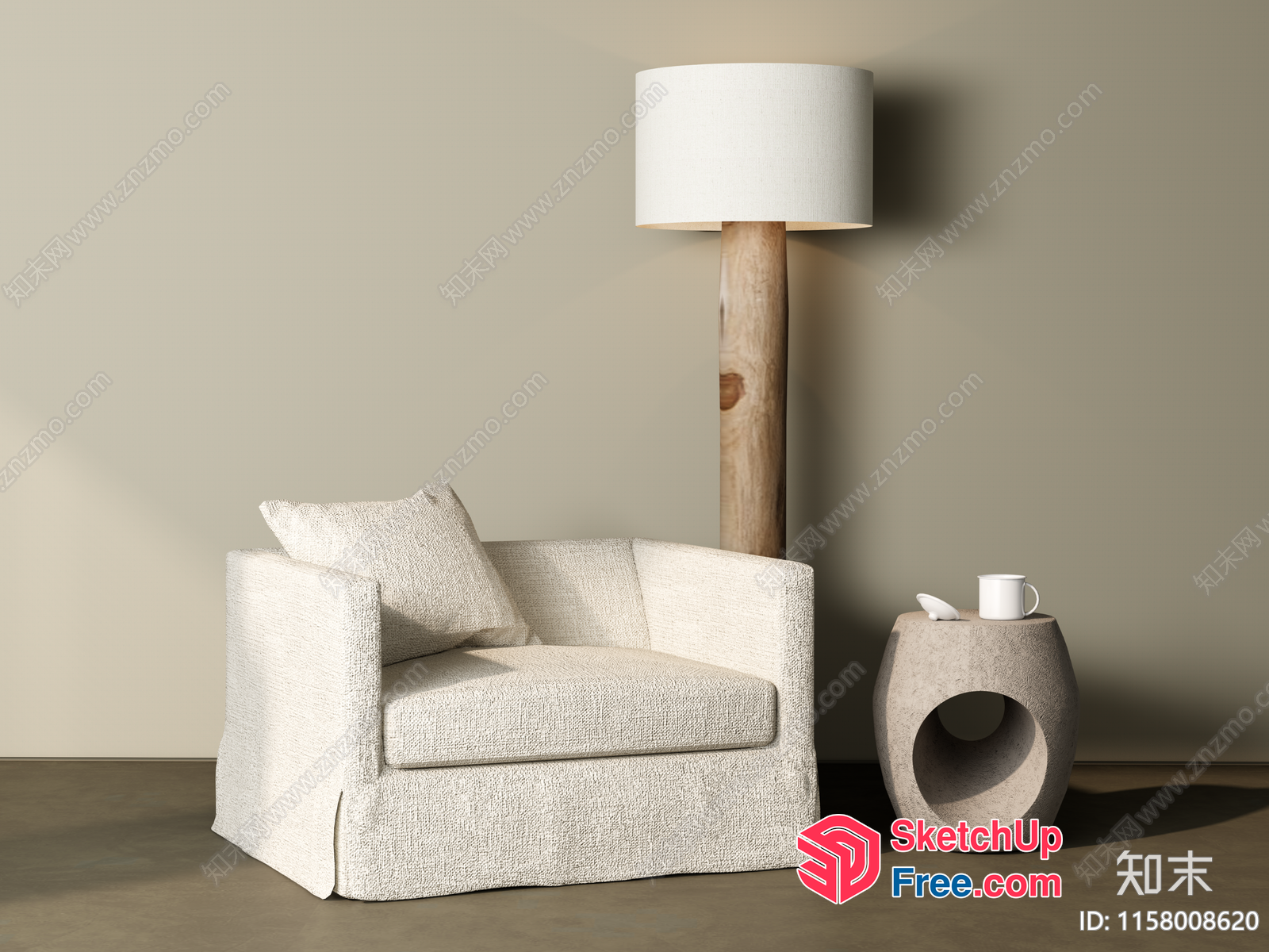 Minimalist Living Room With Creamy Style Sofa And Lamp 3D SketchUp File