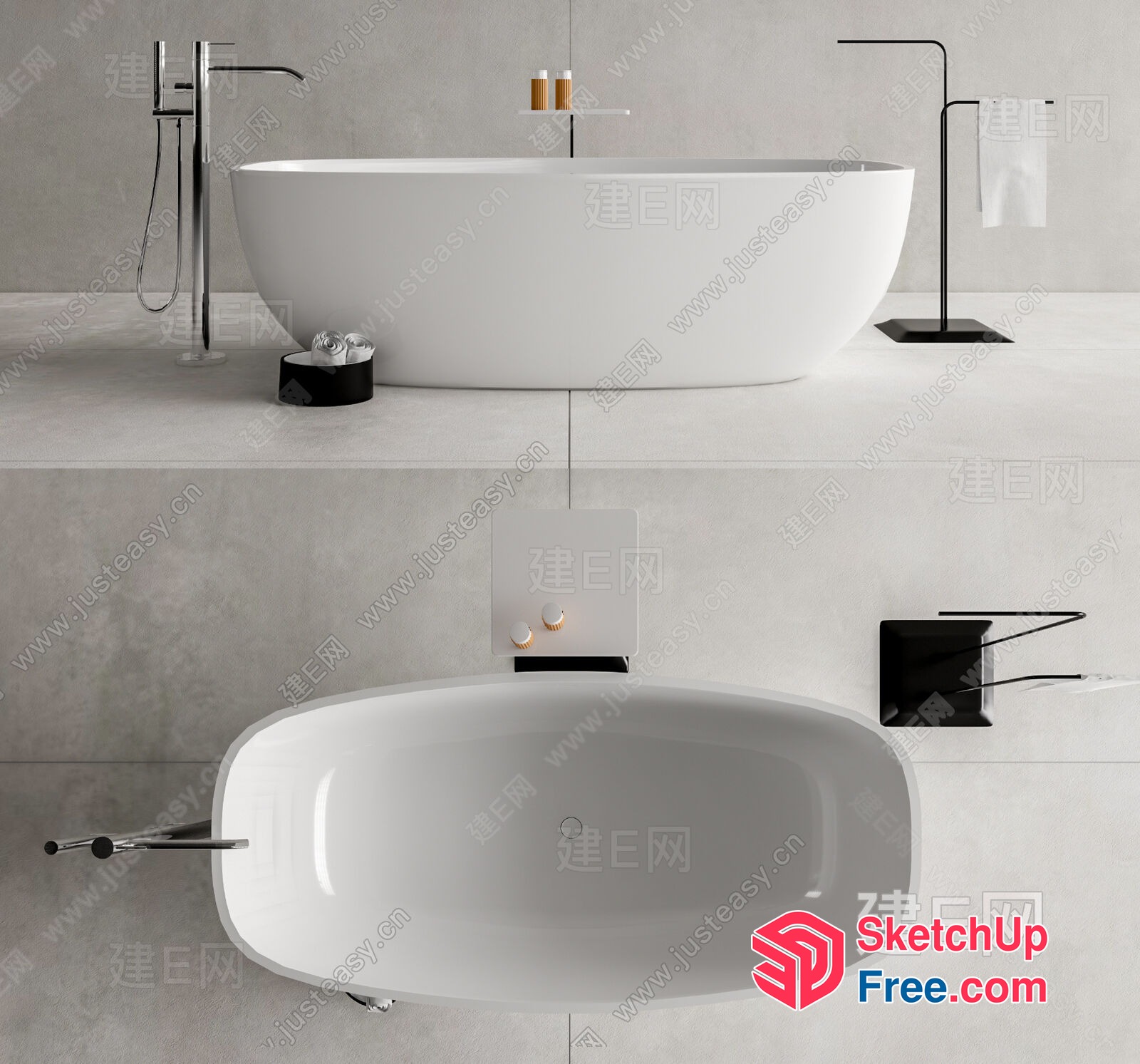 Modern Minimalist Bathroom With White Tub And Black Accents 3D SketchUp File