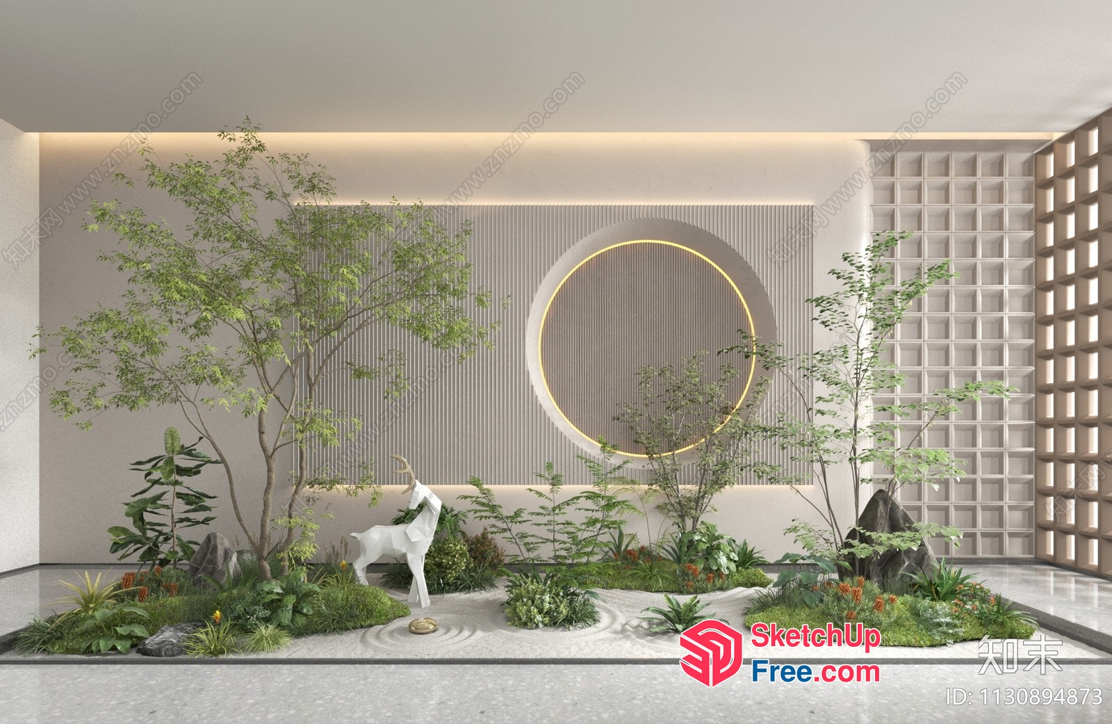 Modern Japanese-Inspired Zen Garden With White Deer Statue 3D SketchUp File