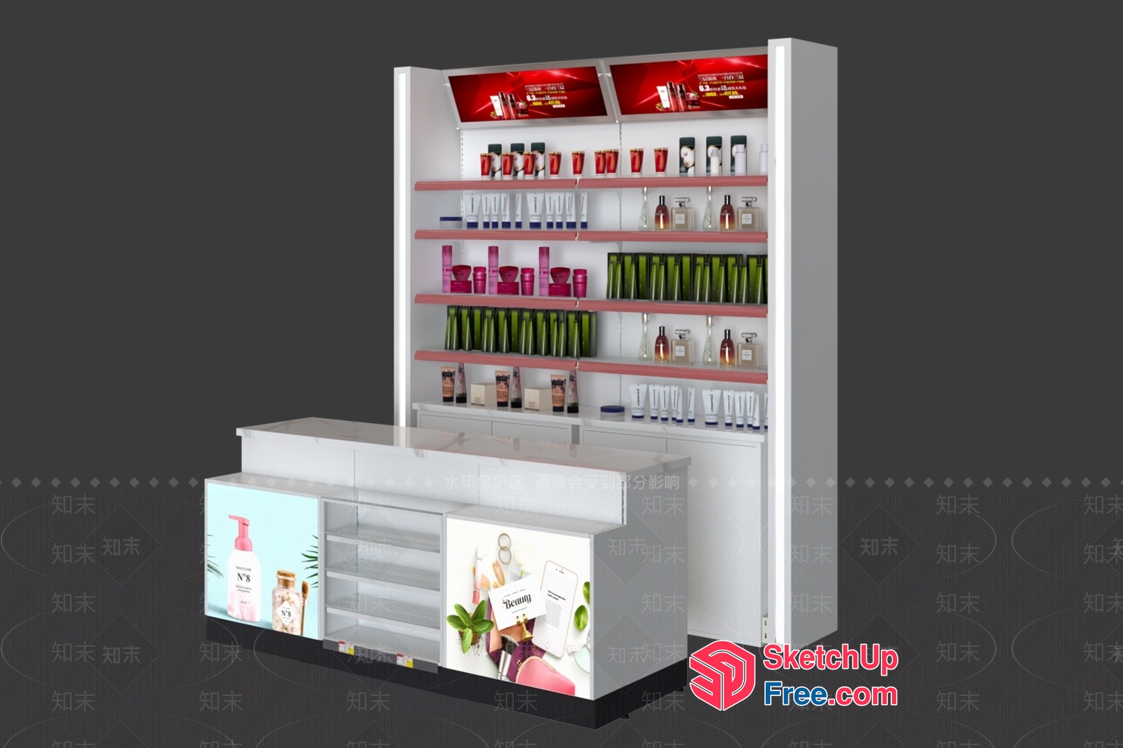 Cosmetic Display Counter With Shelves And Graphics 3D SketchUp File