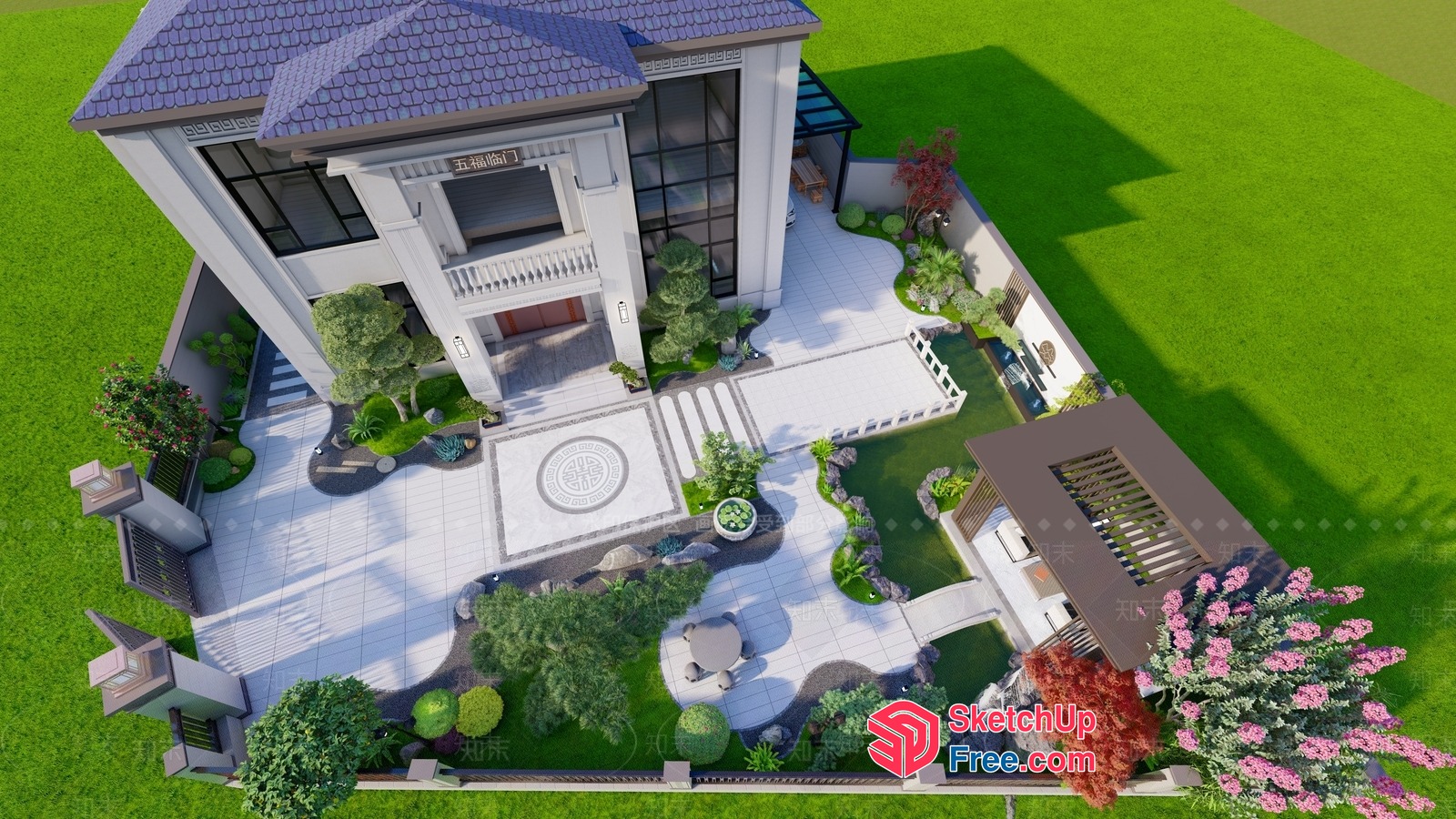 Beautiful Villa With Elegant Roof And Lush Garden 3D SketchUp File