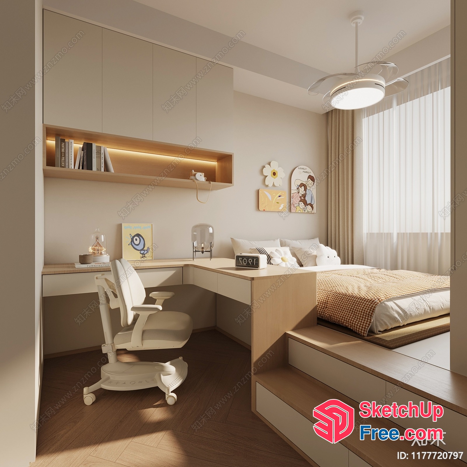 Minimalist Scandinavian Bedroom Design With Desk And Bed 3D SketchUp File