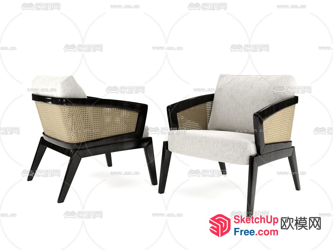 Elegant White And Black Accent Chairs With Rattan Backrests 3D SketchUp File