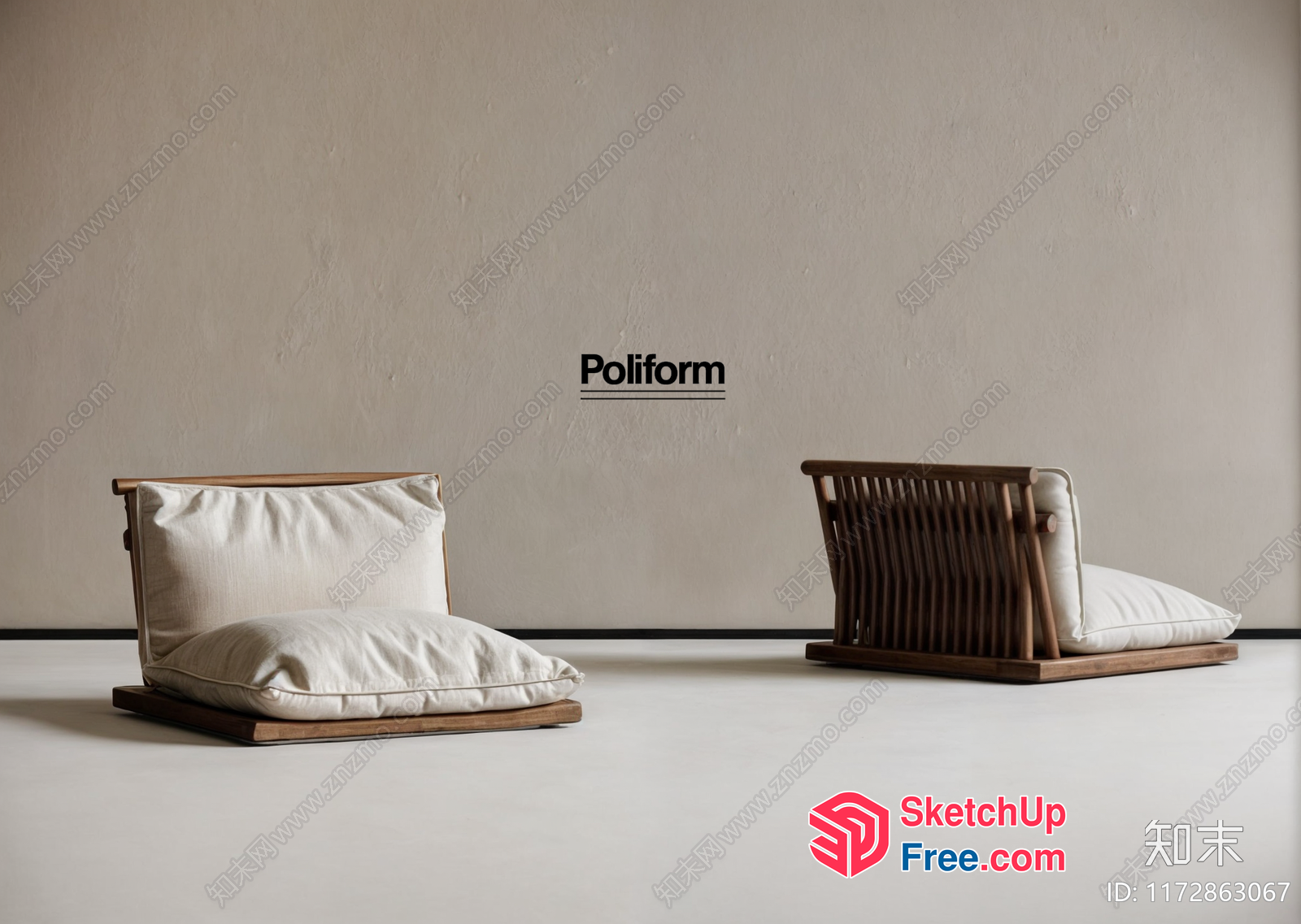 Minimalist Japanese-Style Pillows On Wooden Platforms 3D SketchUp File