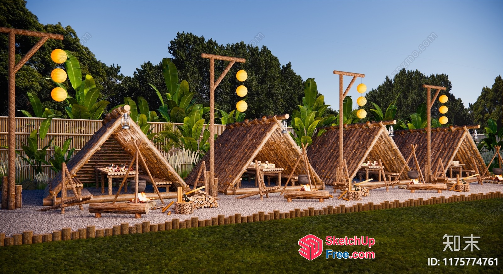Tropical Outdoor Seating Area With Unique Wooden Structures 3D SketchUp File
