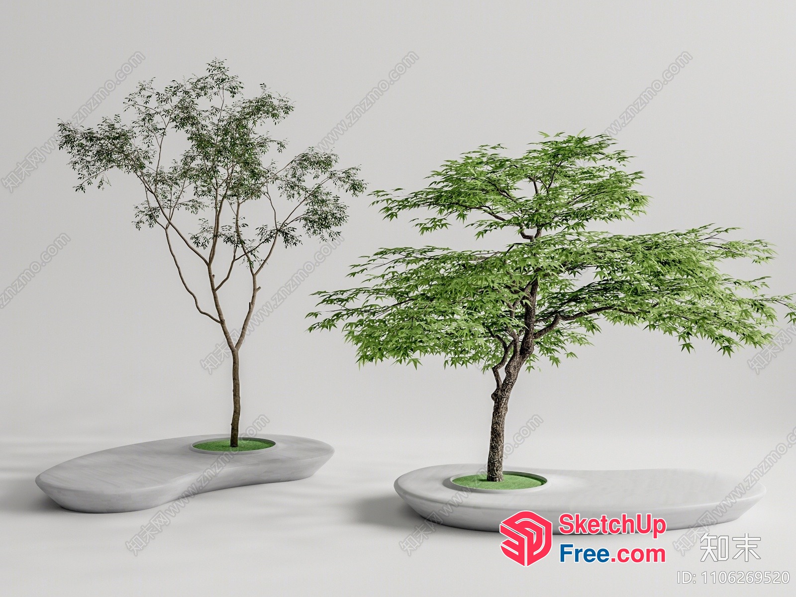 Japanese Style Bonsai Trees In White Stone Planters 3D SketchUp File