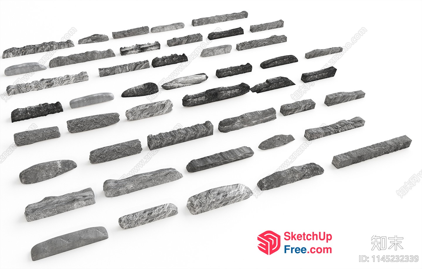 Rectangular Stone Pieces On White Background 3D SketchUp File