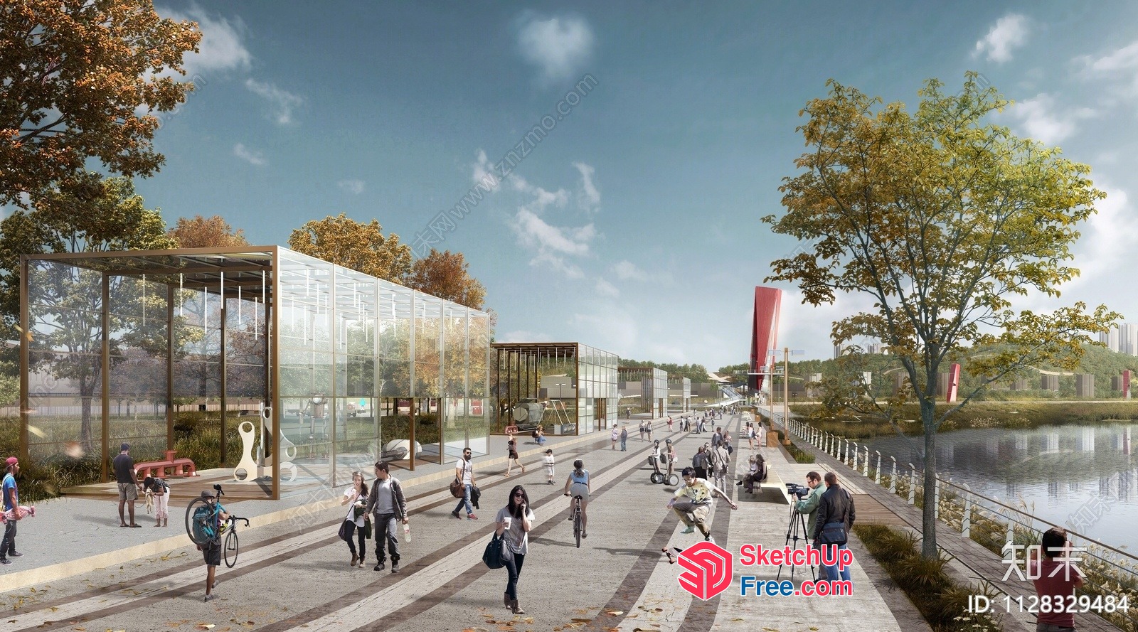 Modern Glass Building With Scenic River View 3D SketchUp File