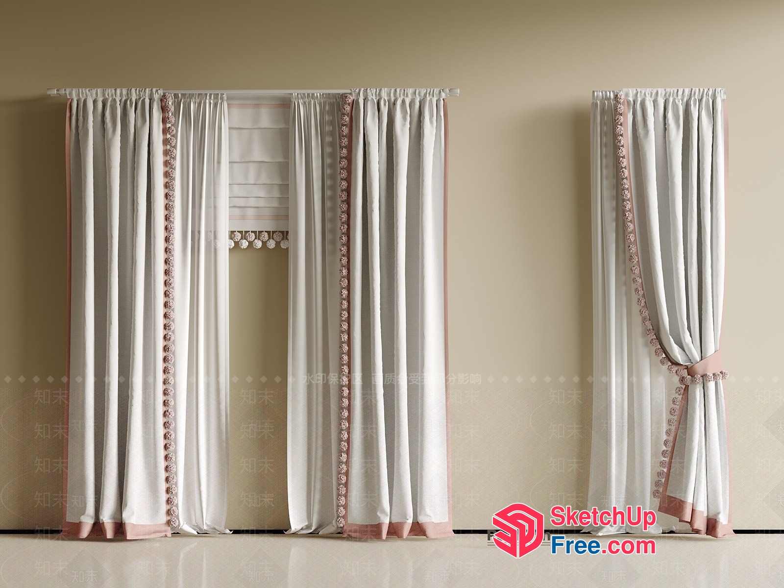 Elegant White Curtains With Pink Embroidery 3D SketchUp File