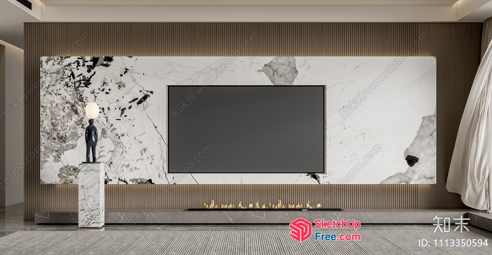 Modern Minimalist Marble Accent Wall With Fireplace 3D SketchUp File