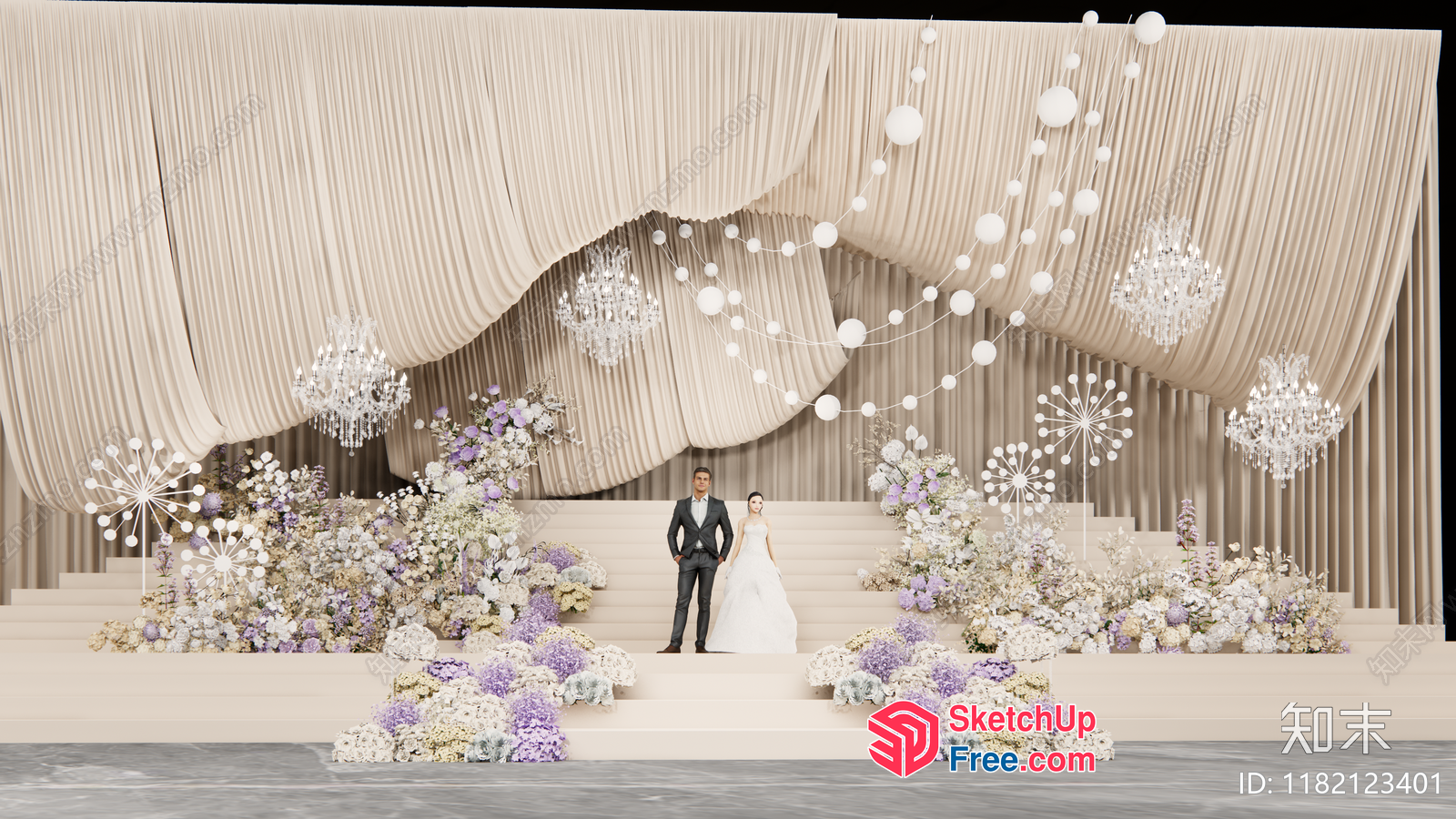 Elegant Wedding Stage Decor With Floral Arrangements And Chandeliers 3D SketchUp File