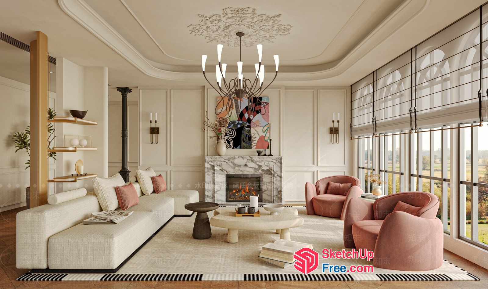 Elegant Modern Living Room With Fireplace And Large Windows 3D SketchUp File