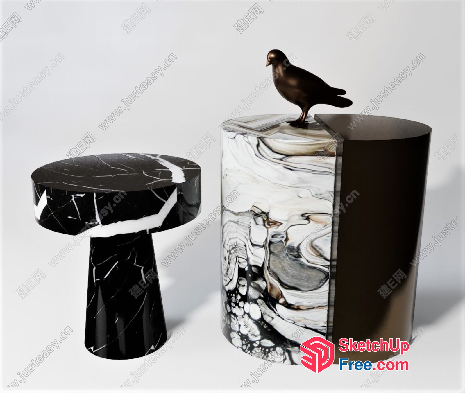 Black And White Marble Accent Side Table And Bird Decor 3D SketchUp File