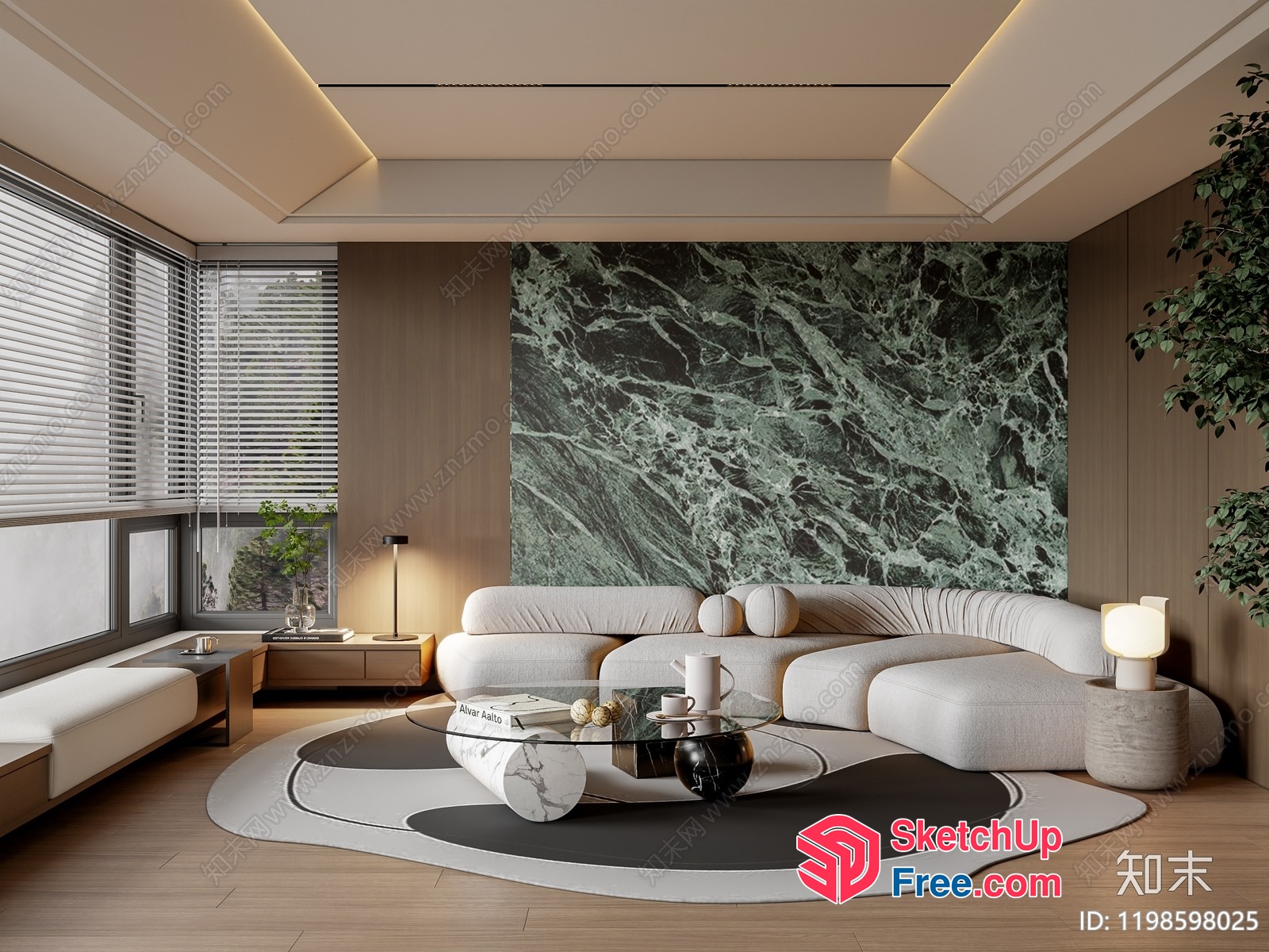 Elegant Living Room With Creamy Style Sofa And Marble Wall 3D SketchUp File