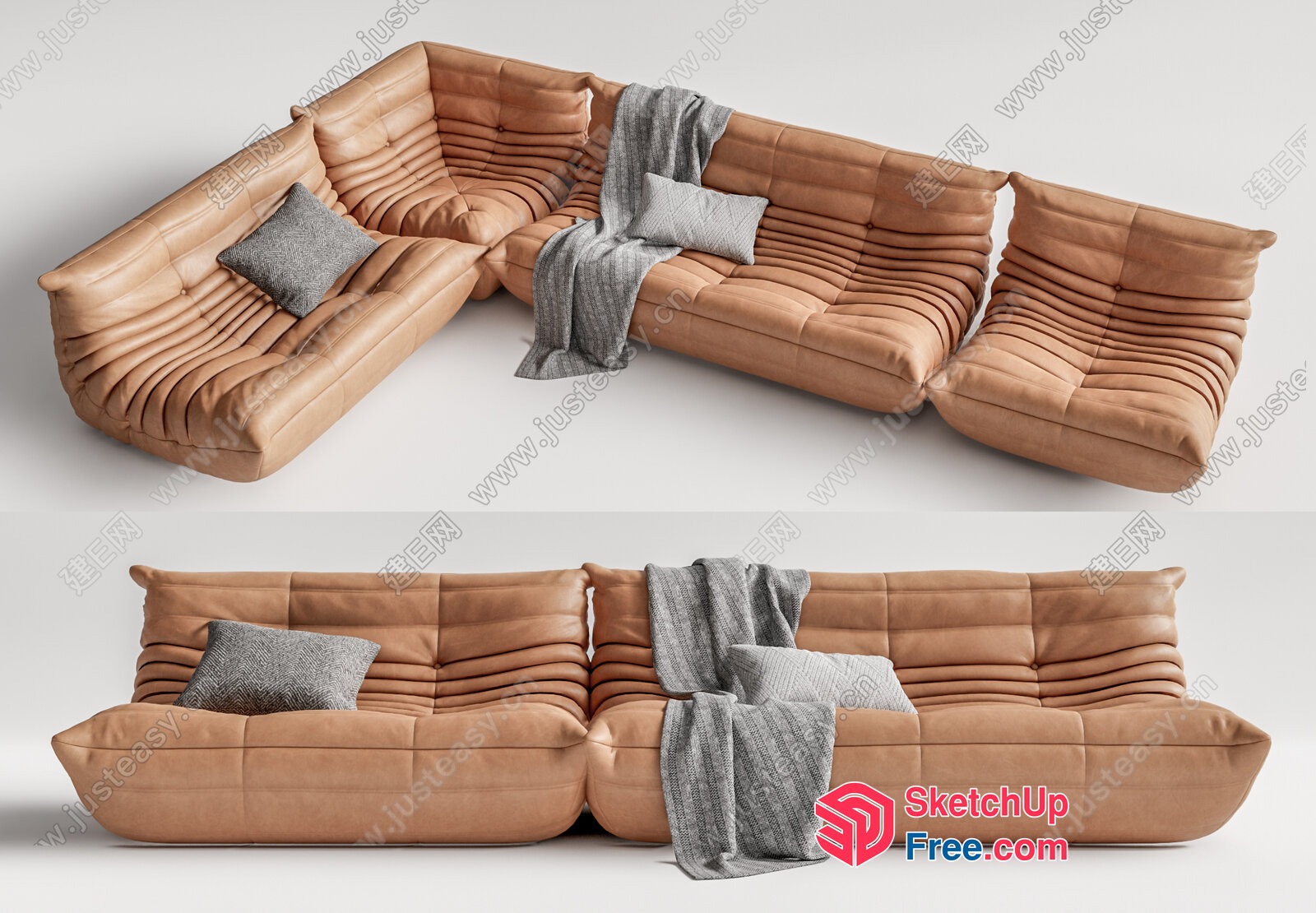 Elegant Leather Sofa With Pillows And Blanket 3D SketchUp File
