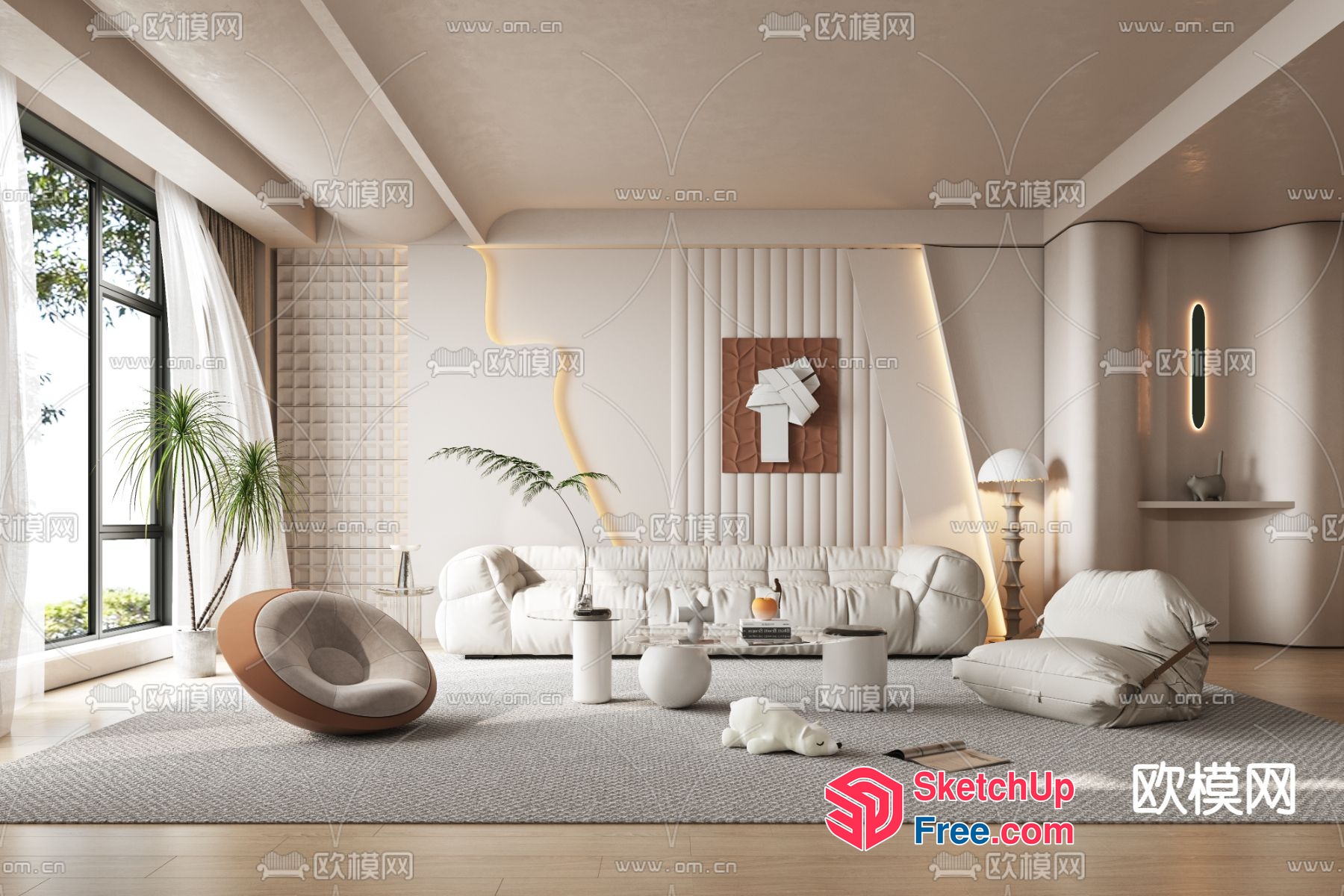 Modern Minimalist Living Room With White Furniture And Decor 3D SketchUp File