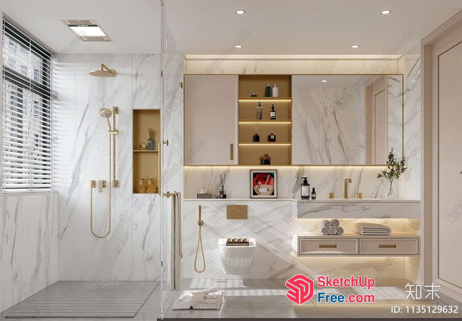Modern Bathroom With White Marble And Gold Fixtures 3D SketchUp File