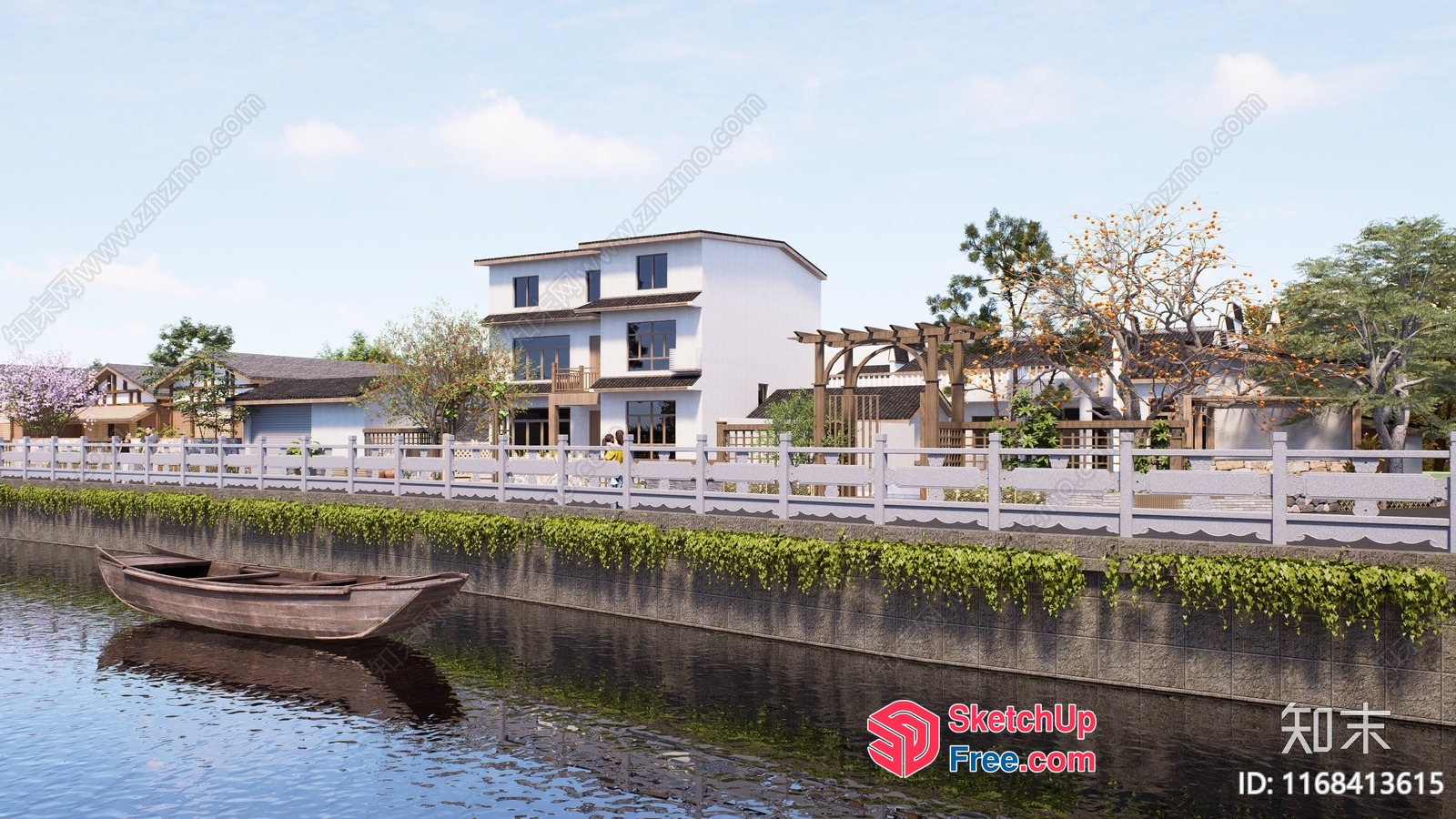 Serene Canal View With Modern Villa 3D SketchUp File