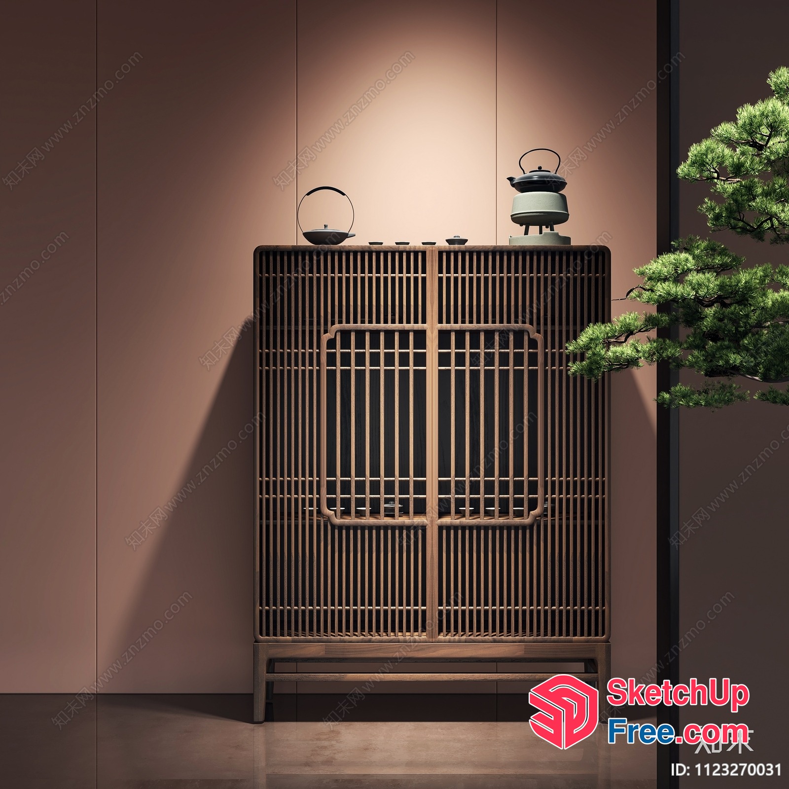 Asian-Inspired Interior With Wooden Cabinet And Tea Sets 3D SketchUp File