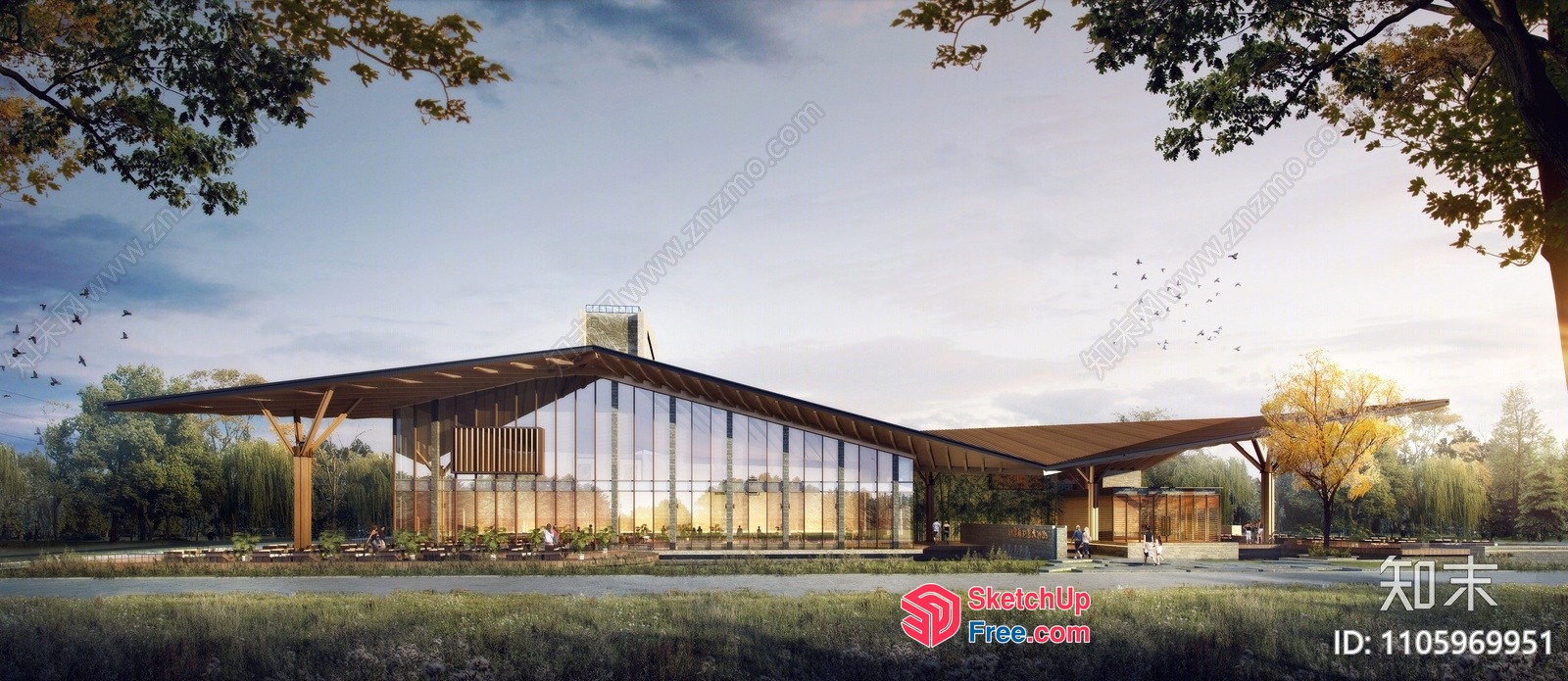 Modern Glass And Wood Exterior With Large Windows And Flat Roof 3D SketchUp File