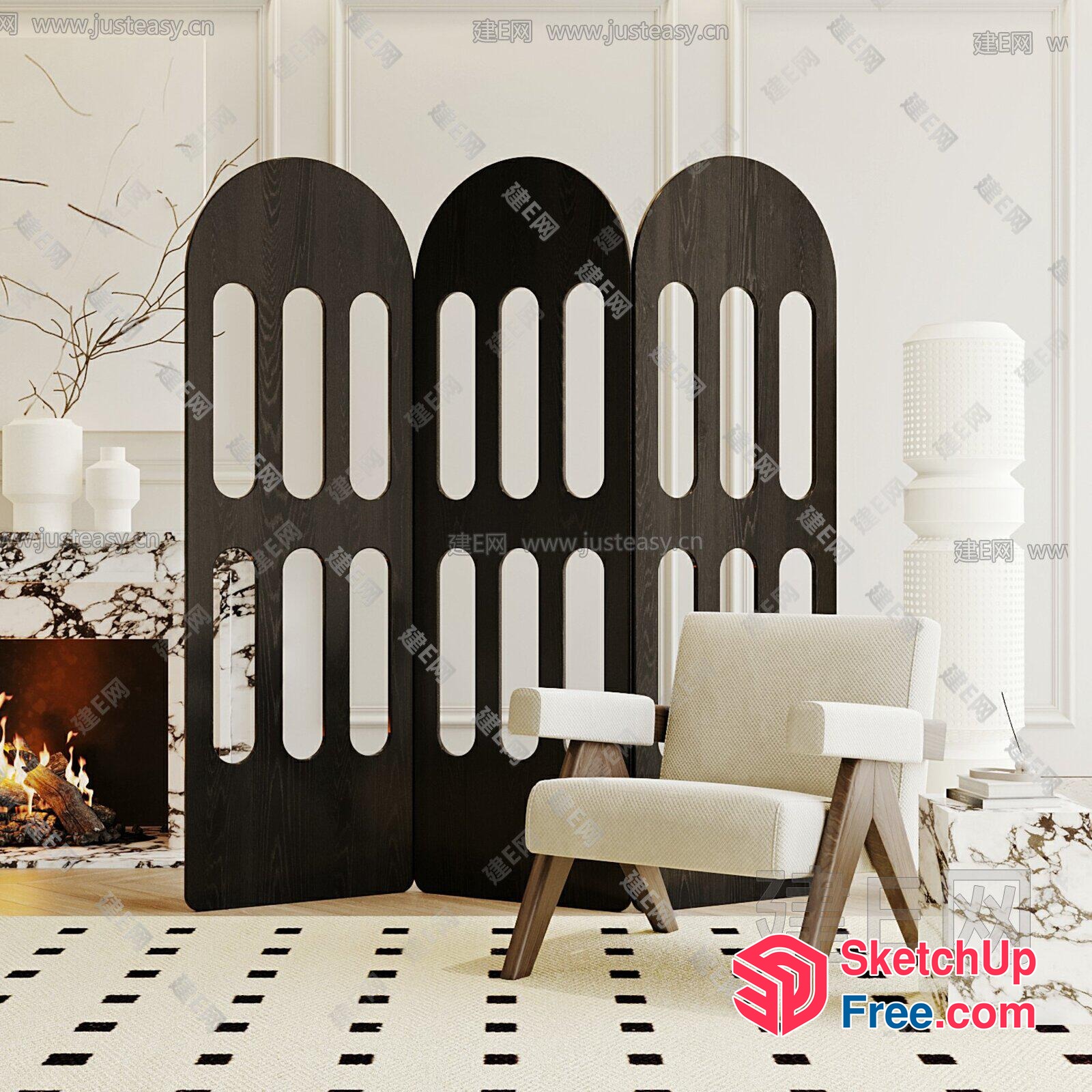 Modern Partition Screen With Fireplace And Armchair 3D SketchUp File