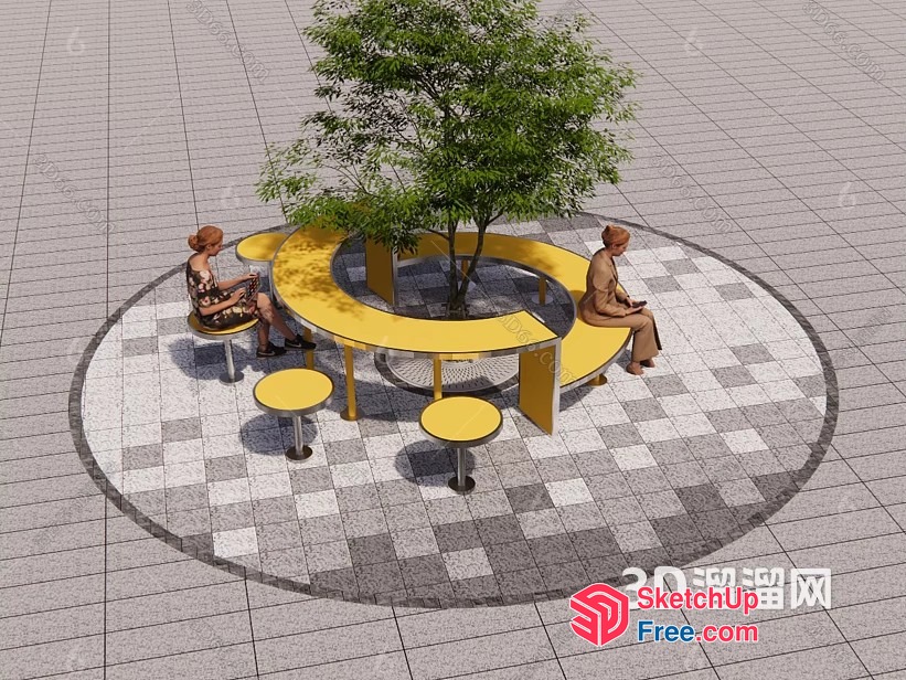 Outdoor Seating Area With Trees And Yellow Furniture 3D SketchUp File
