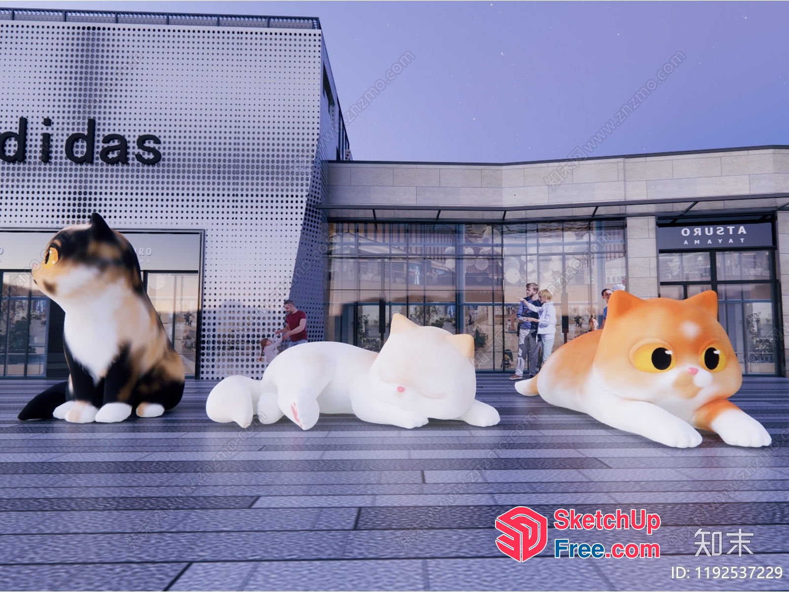 Giant Cat Sculptures In Front Of A Modern Building 3D SketchUp File