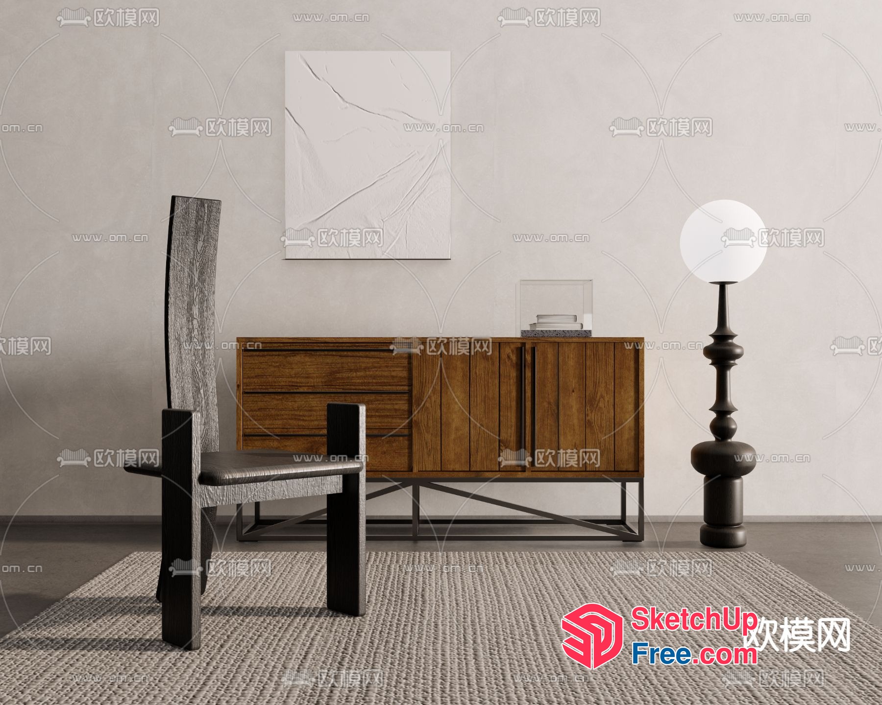 Modern Minimalist Interior Design With Wooden Furniture And Artwork 3D SketchUp File