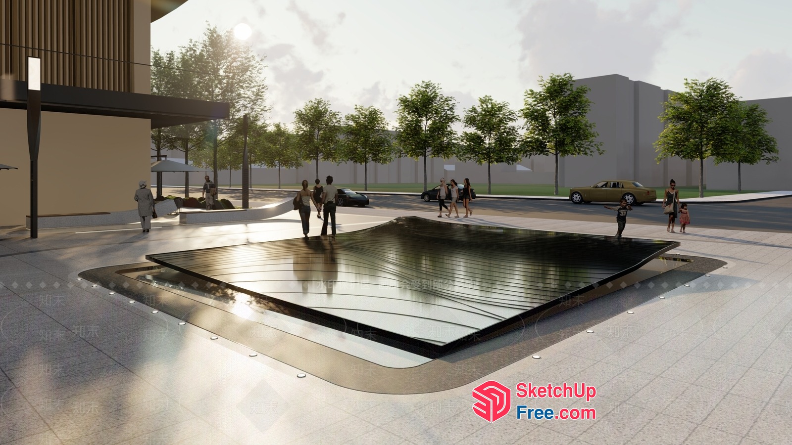 Modern Urban Plaza With Unique Water Feature 3D SketchUp File