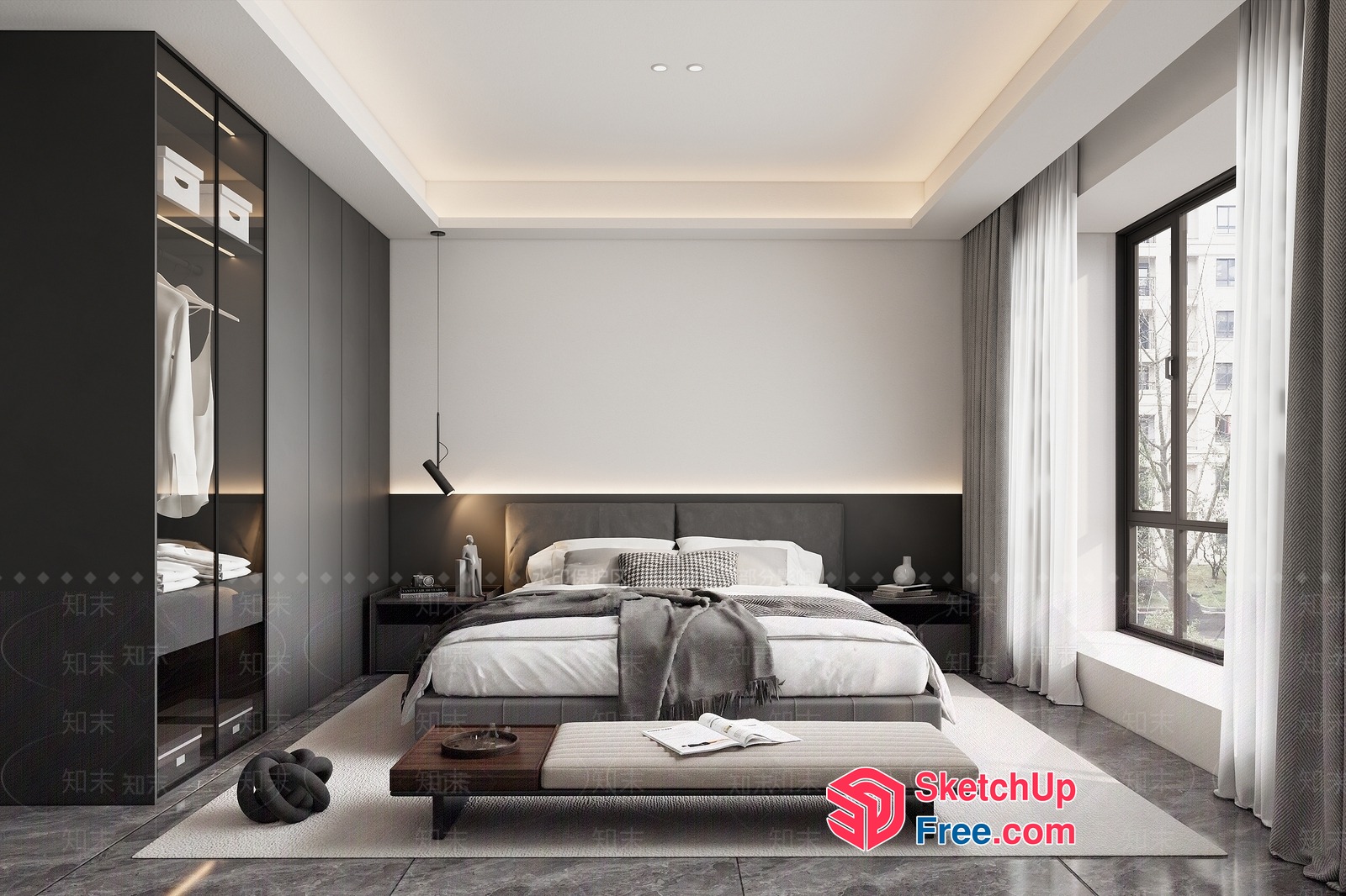 Minimalist Japanese Style Bedroom With White And Gray Decor 3D SketchUp File