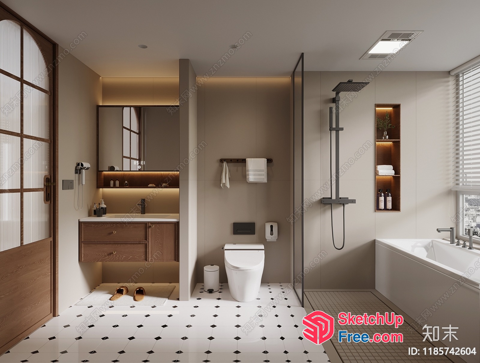 Modern Bathroom With White And Brown Tones 3D SketchUp File