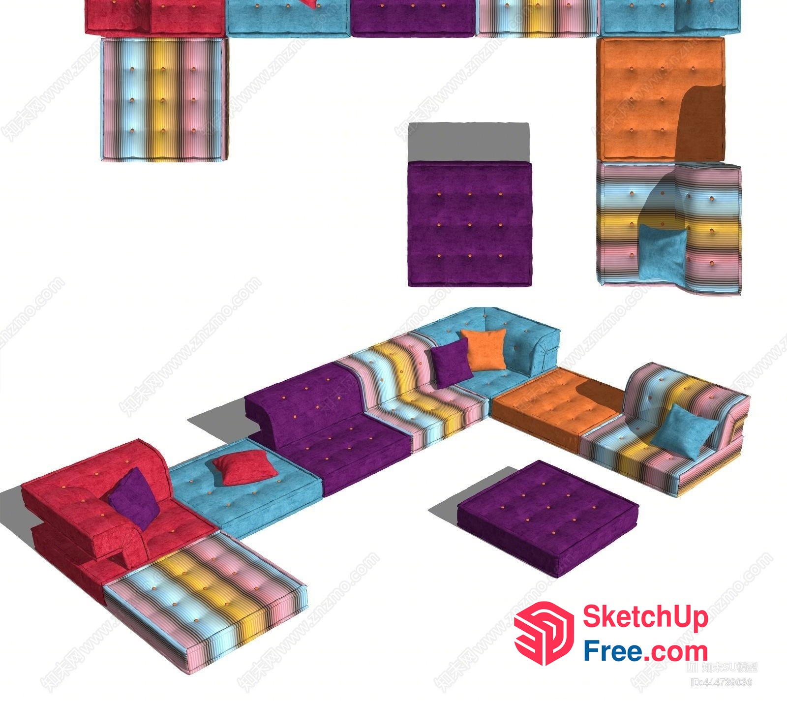 Multicolored Sectional Sofa Set With Pillows 3D SketchUp File